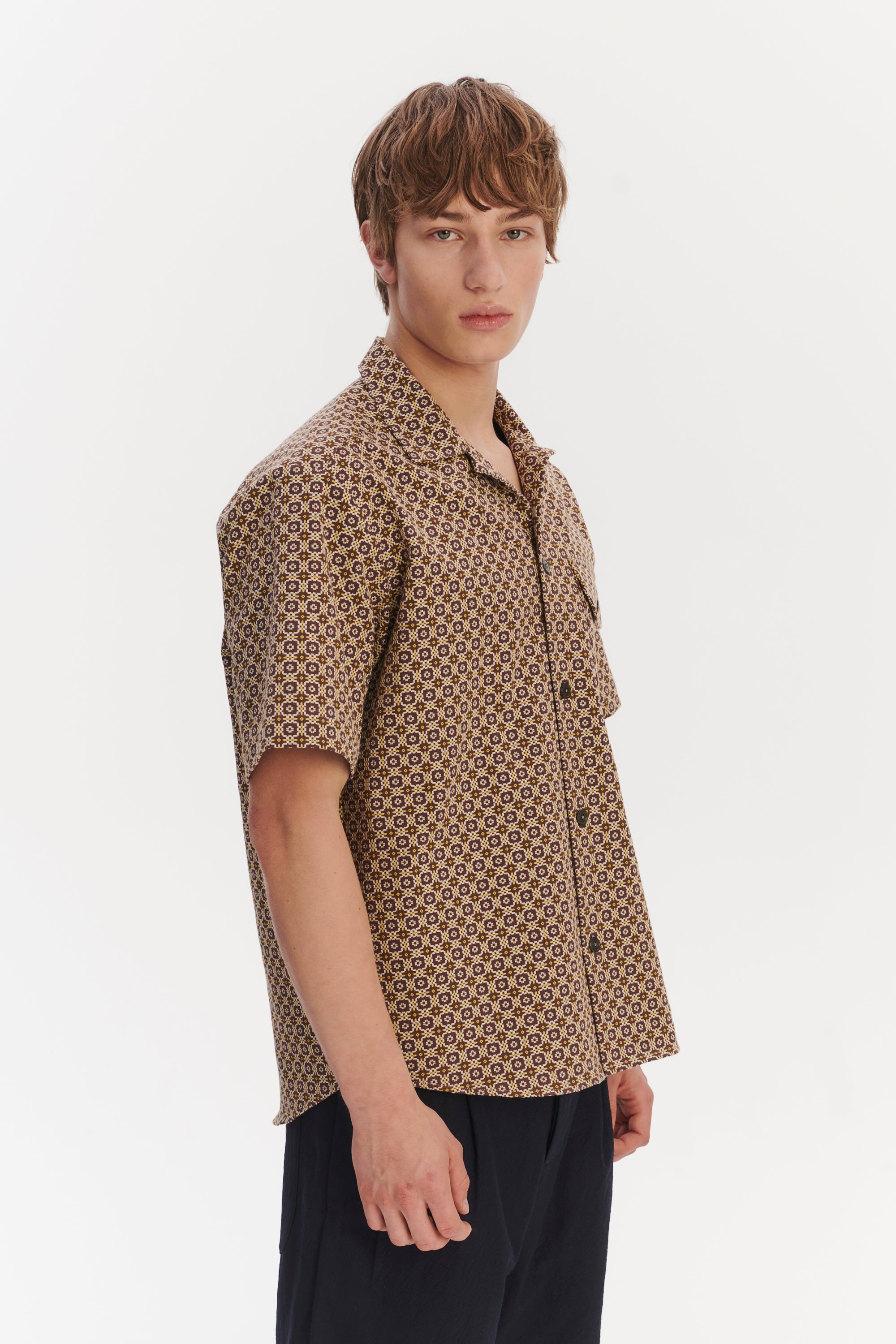 Short Sleeve Camp Collar Shirt in a Brown and Yellow Portuguese Jacquard Cotton