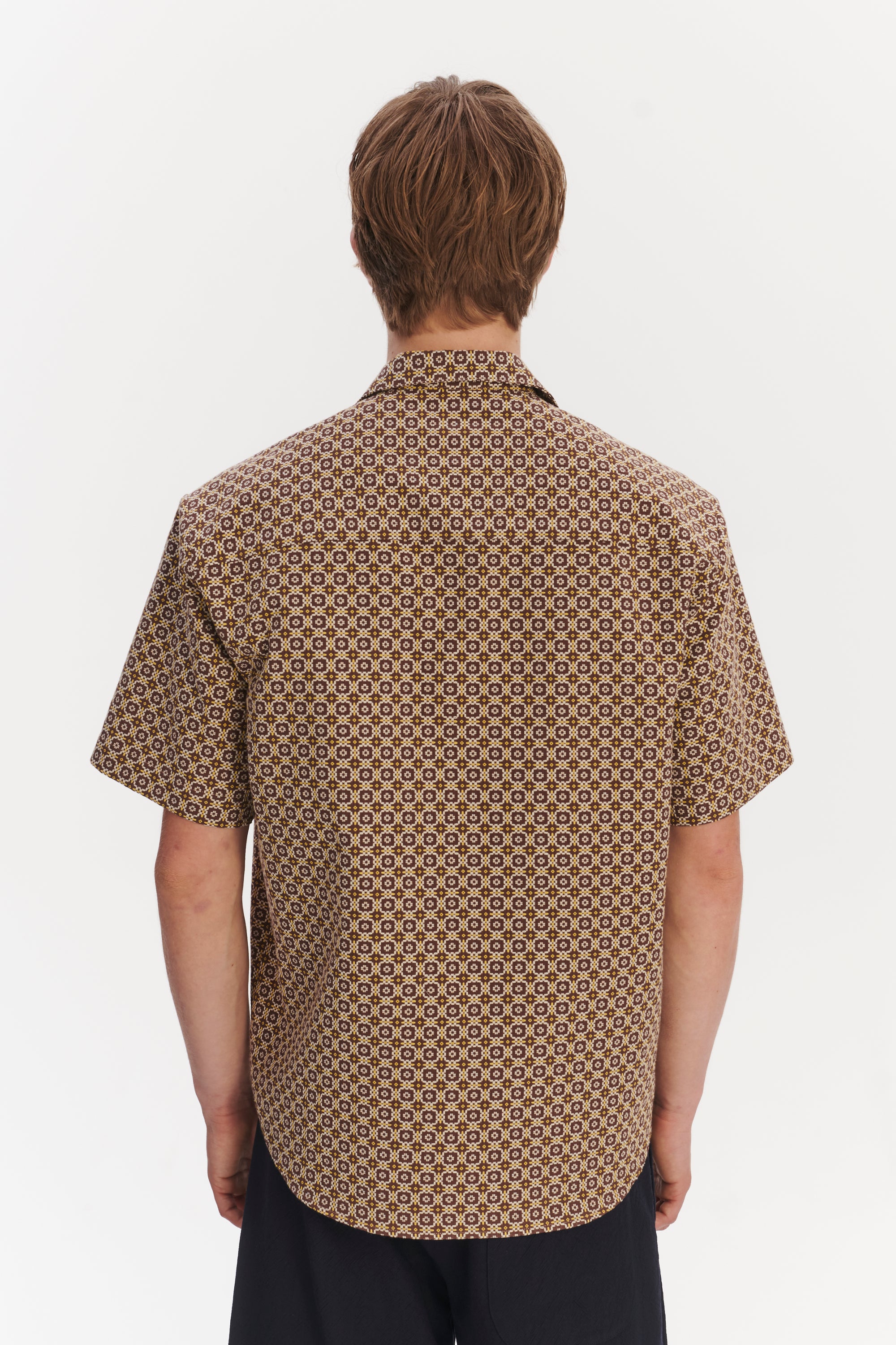 Short Sleeve Camp Collar Shirt in a Brown and Yellow Portuguese Jacquard Cotton