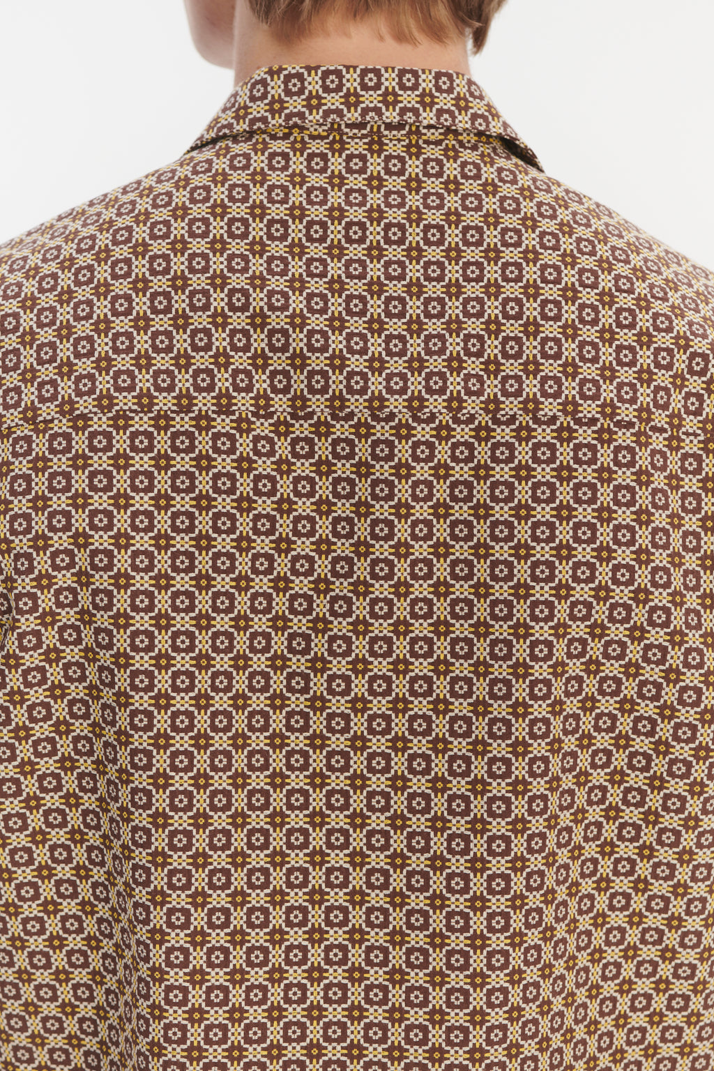 Short Sleeve Camp Collar Shirt in a Brown and Yellow Portuguese Jacquard Cotton