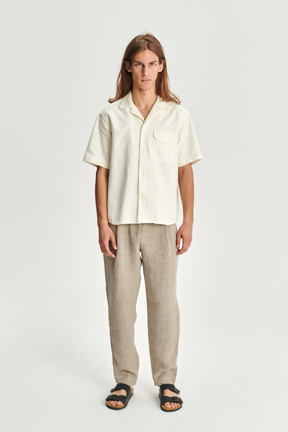 Short Sleeve Camp Collar Shirt in an Off-white Portuguese Jacquard Cotton