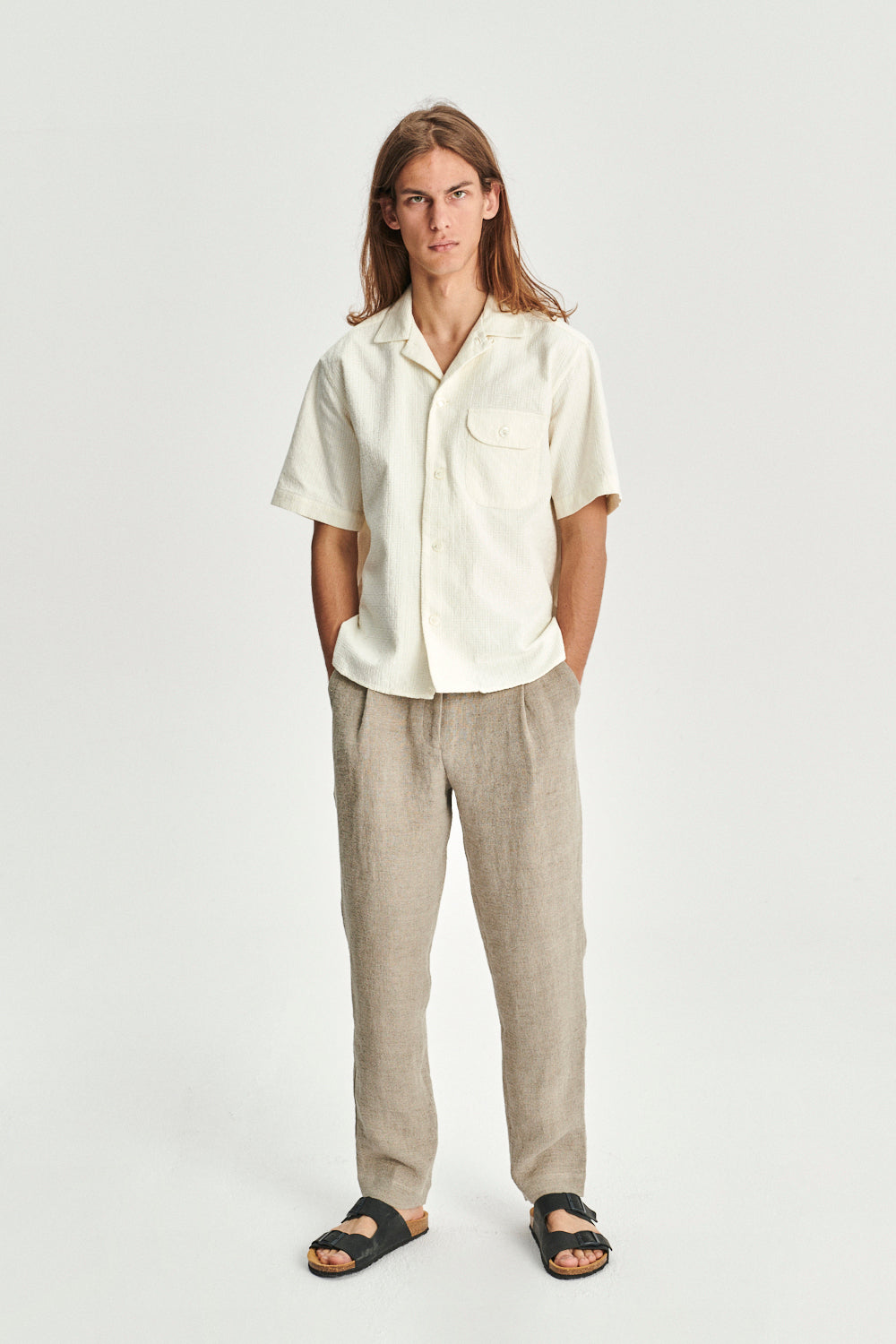 Short Sleeve Camp Collar Shirt in an Off-white Portuguese Jacquard Cotton