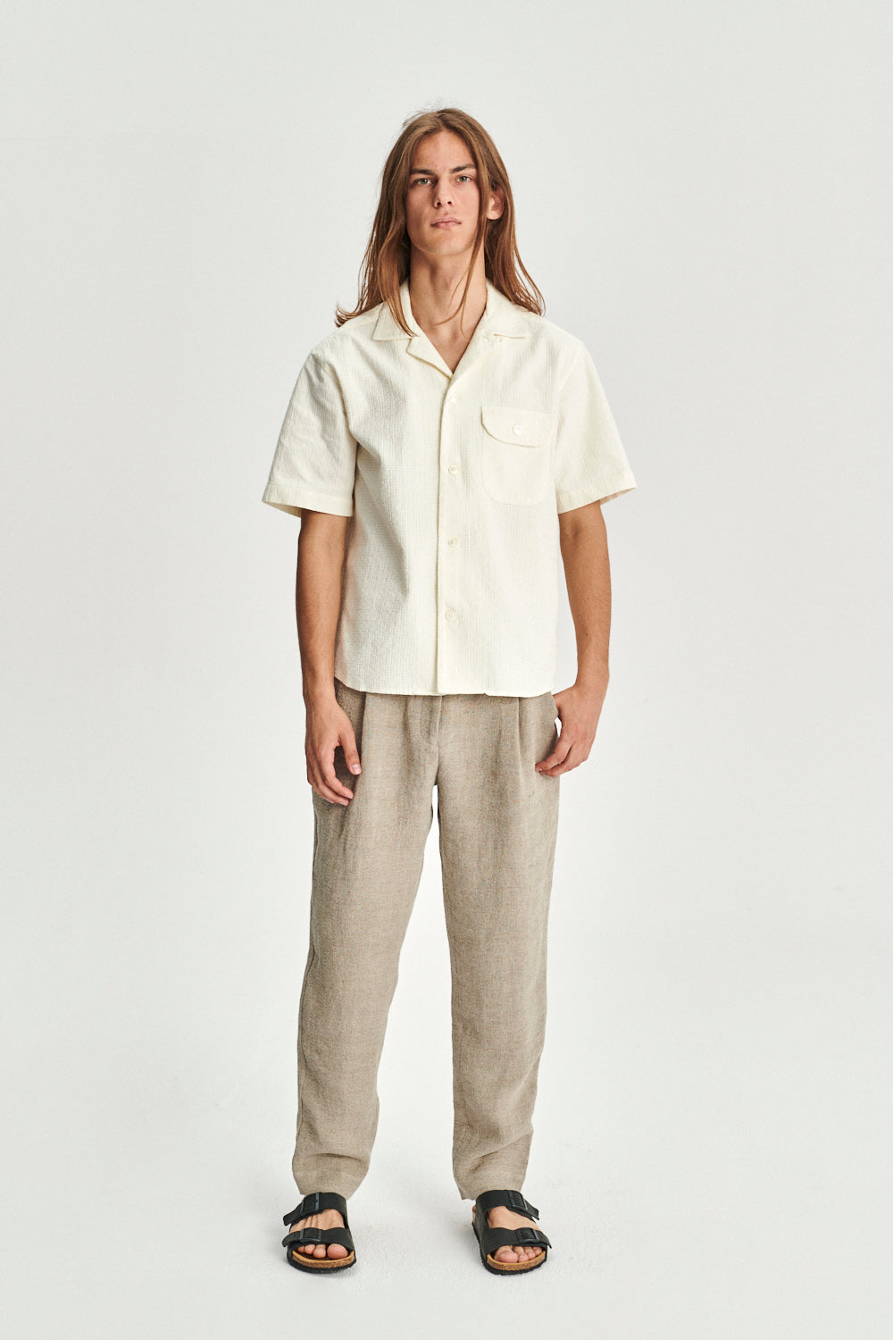 Short Sleeve Camp Collar Shirt in an Off-white Portuguese Jacquard Cotton