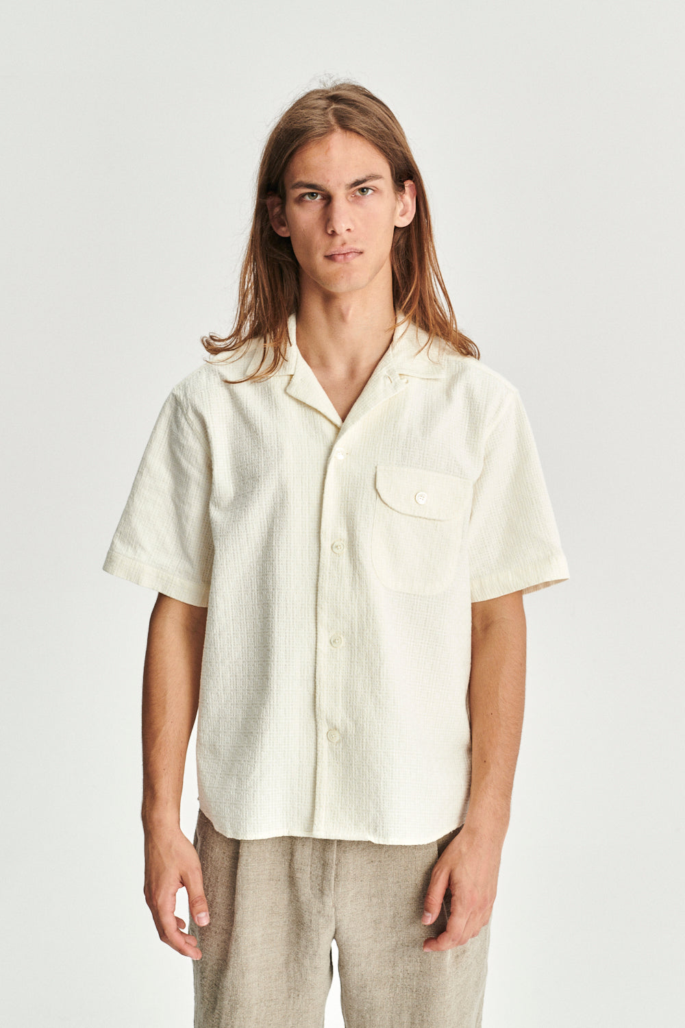 Short Sleeve Camp Collar Shirt in an Off-white Portuguese Jacquard Cotton