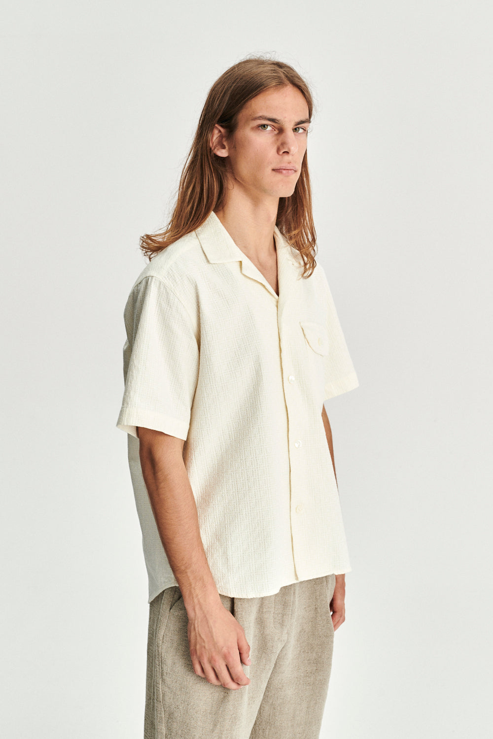 Short Sleeve Camp Collar Shirt in an Off-white Portuguese Jacquard Cotton