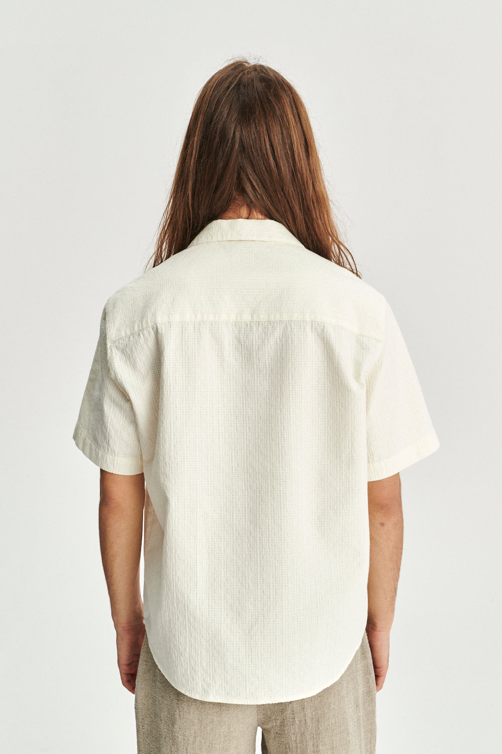 Short Sleeve Camp Collar Shirt in an Off-white Portuguese Jacquard Cotton