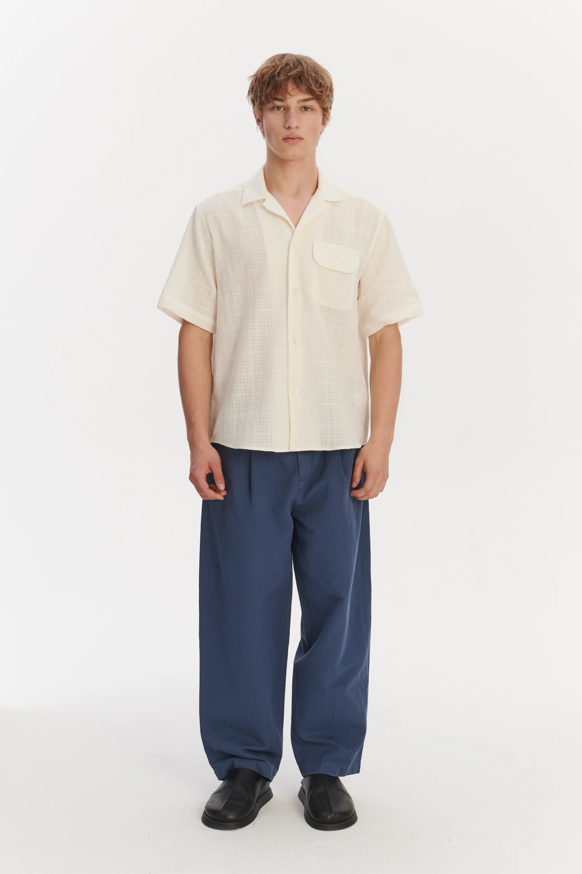 Short Sleeve Camp Collar Shirt  in a Cream White Airy Structural Portuguese Cotton