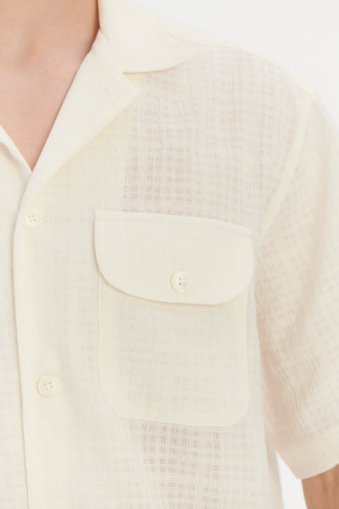 Short Sleeve Camp Collar Shirt  in a Cream White Airy Structural Portuguese Cotton