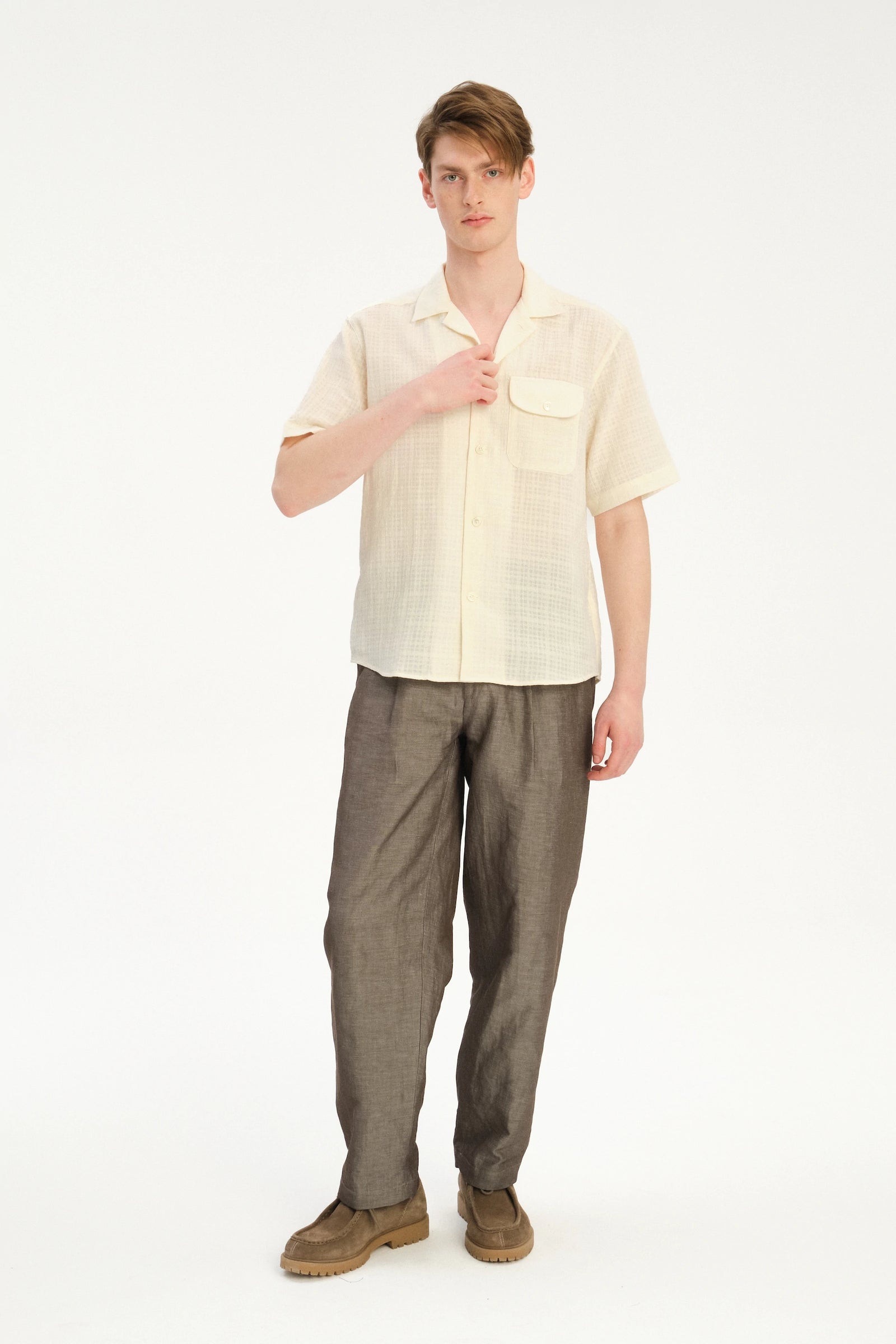 Short Sleeve Camp Collar Shirt  in a Cream White Airy Portuguese Cotton