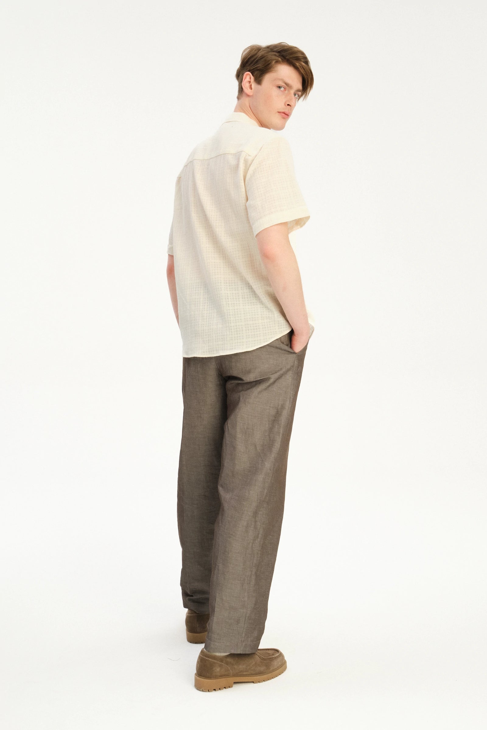 Short Sleeve Camp Collar Shirt  in a Cream White Airy Portuguese Cotton