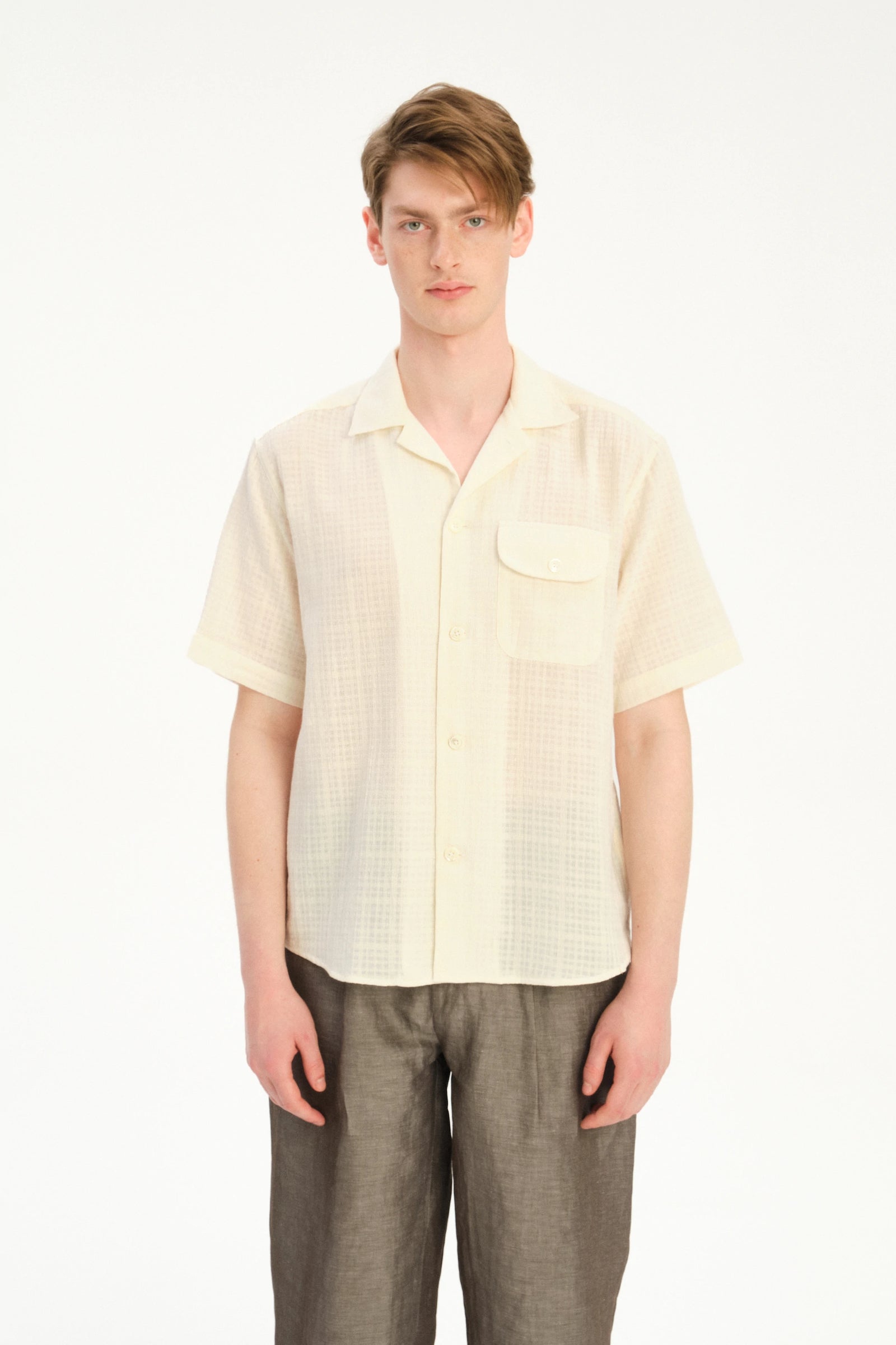 Short Sleeve Camp Collar Shirt  in a Cream White Airy Portuguese Cotton