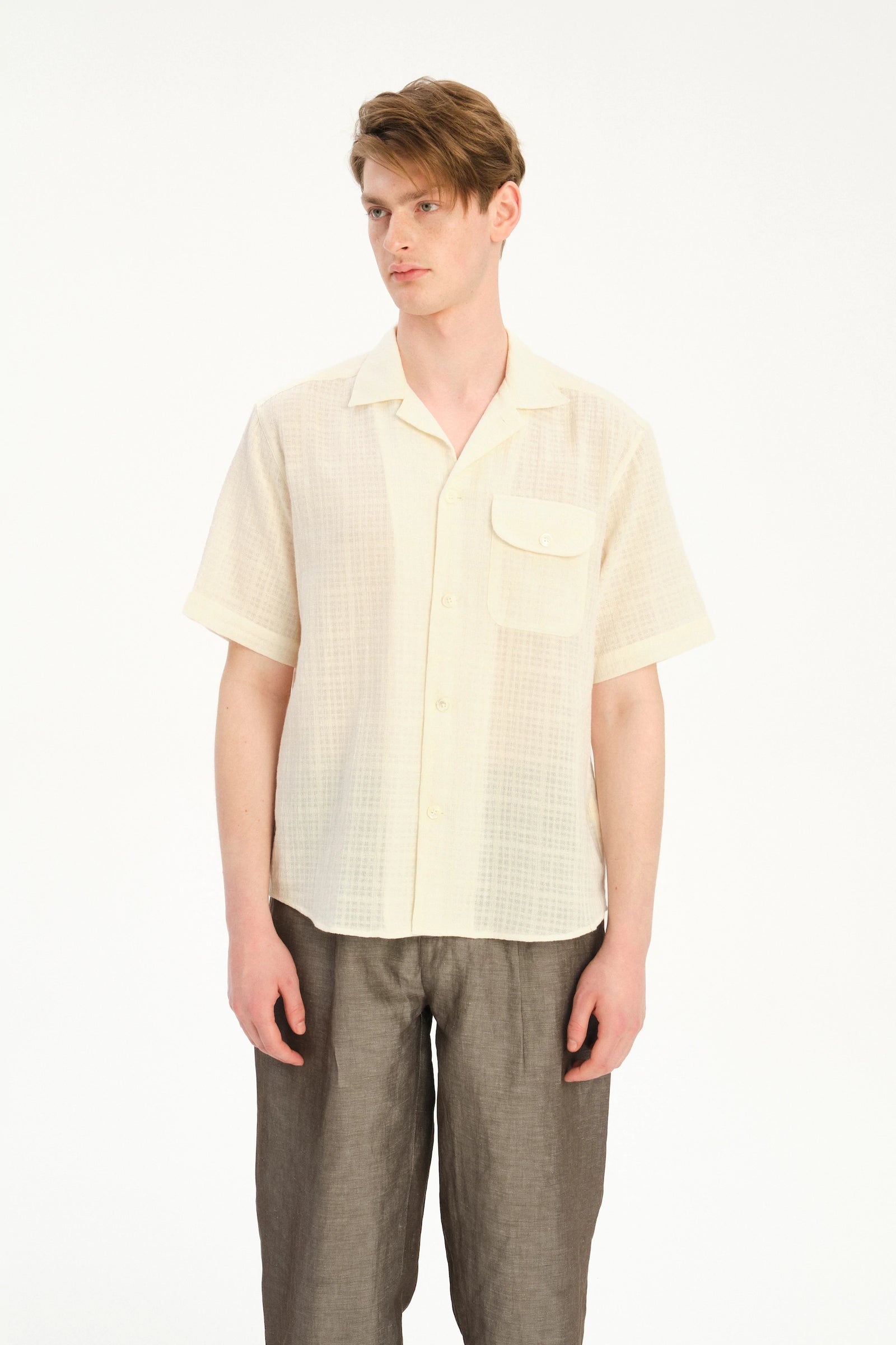 Short Sleeve Camp Collar Shirt  in a Cream White Airy Portuguese Cotton