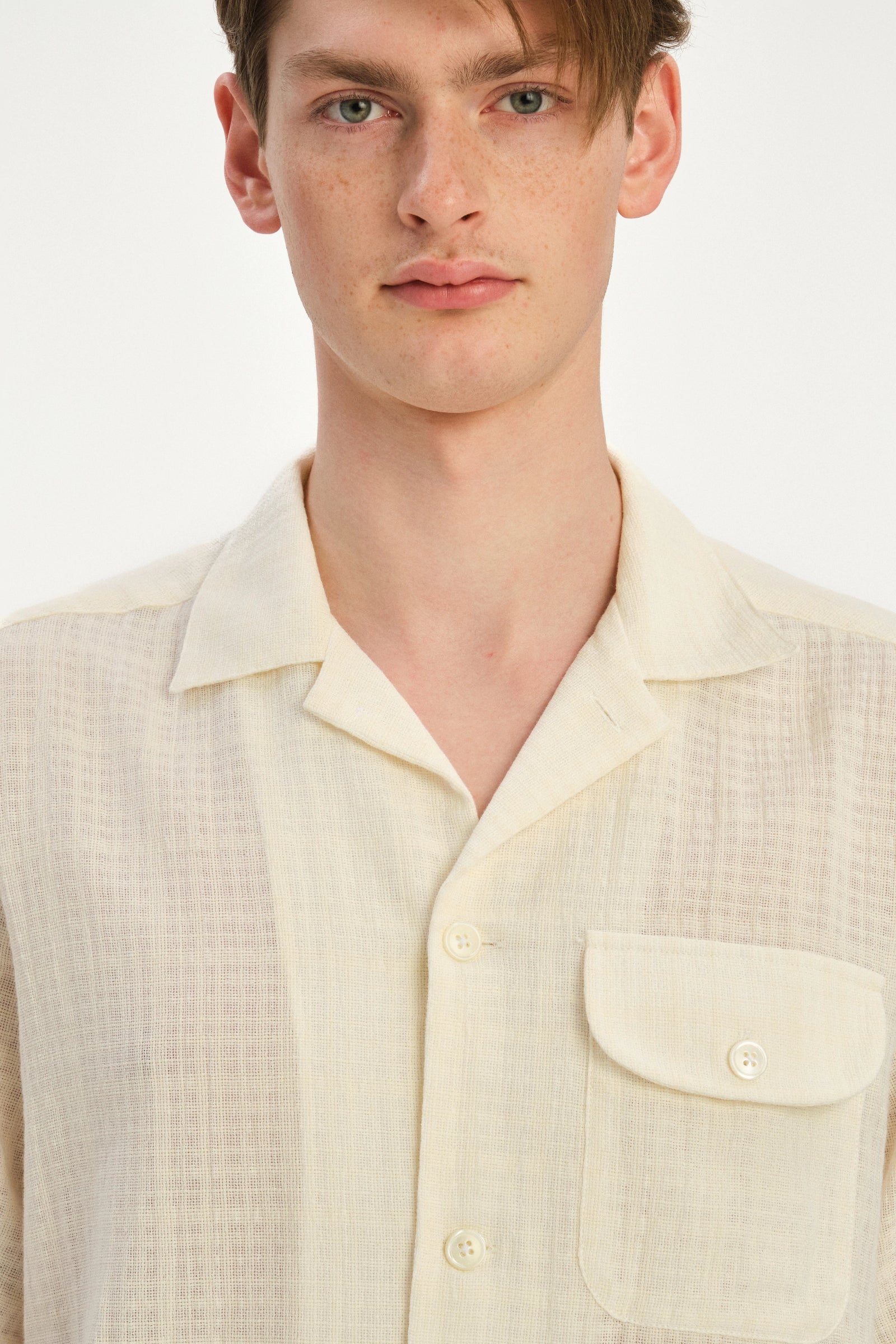 Short Sleeve Camp Collar Shirt  in a Cream White Airy Portuguese Cotton