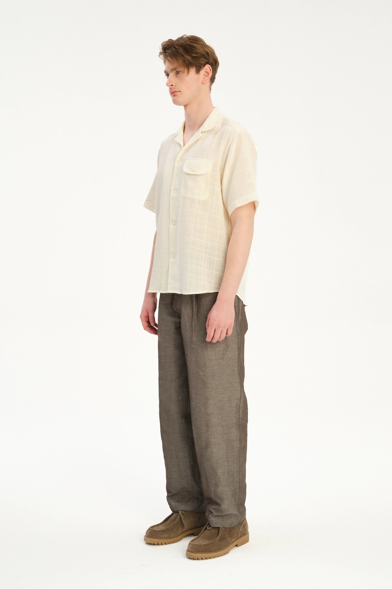 Short Sleeve Camp Collar Shirt  in a Cream White Airy Portuguese Cotton