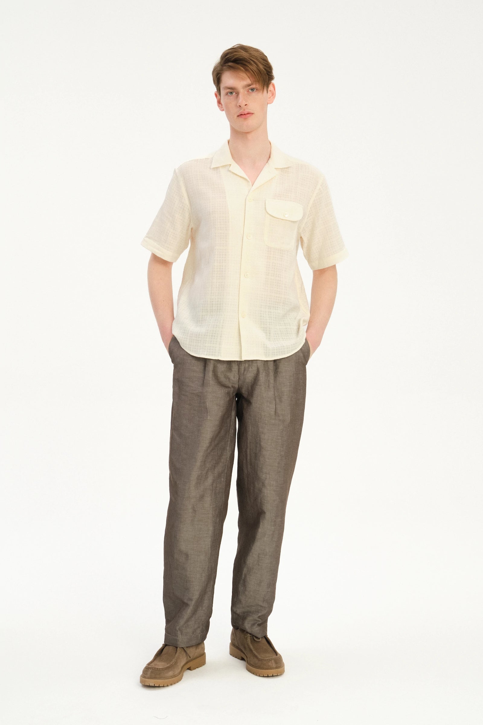 Short Sleeve Camp Collar Shirt  in a Cream White Airy Portuguese Cotton