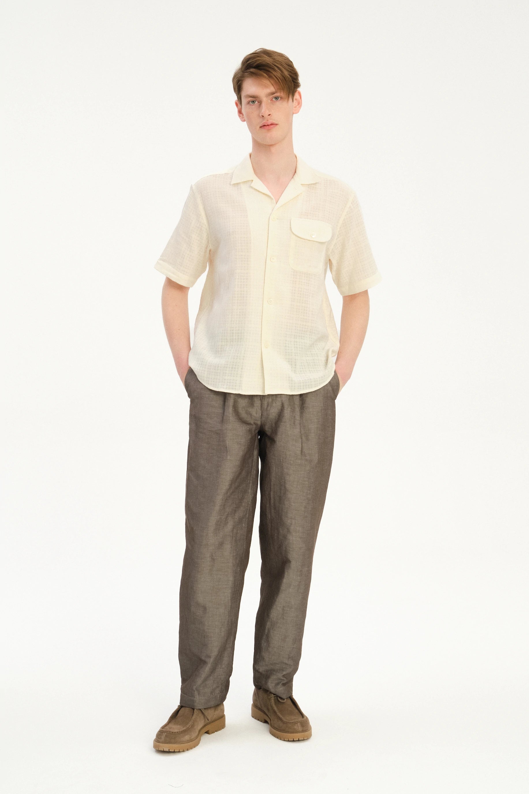 Short Sleeve Camp Collar Shirt  in a Cream White Airy Portuguese Cotton