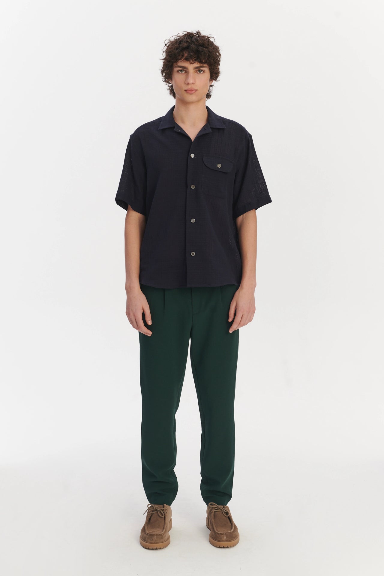 Short Sleeve Camp Collar Shirt  in a Dark Navy Structural Portuguese Cotton
