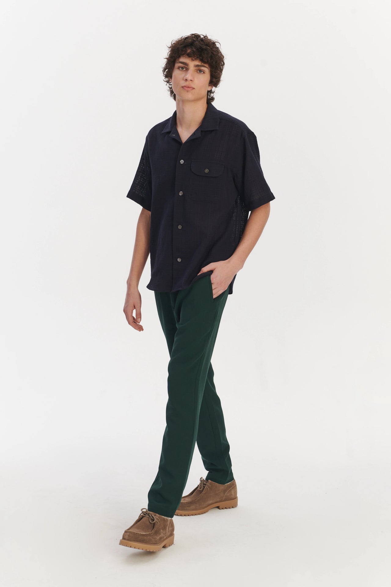 Short Sleeve Camp Collar Shirt  in a Dark Navy Structural Portuguese Cotton