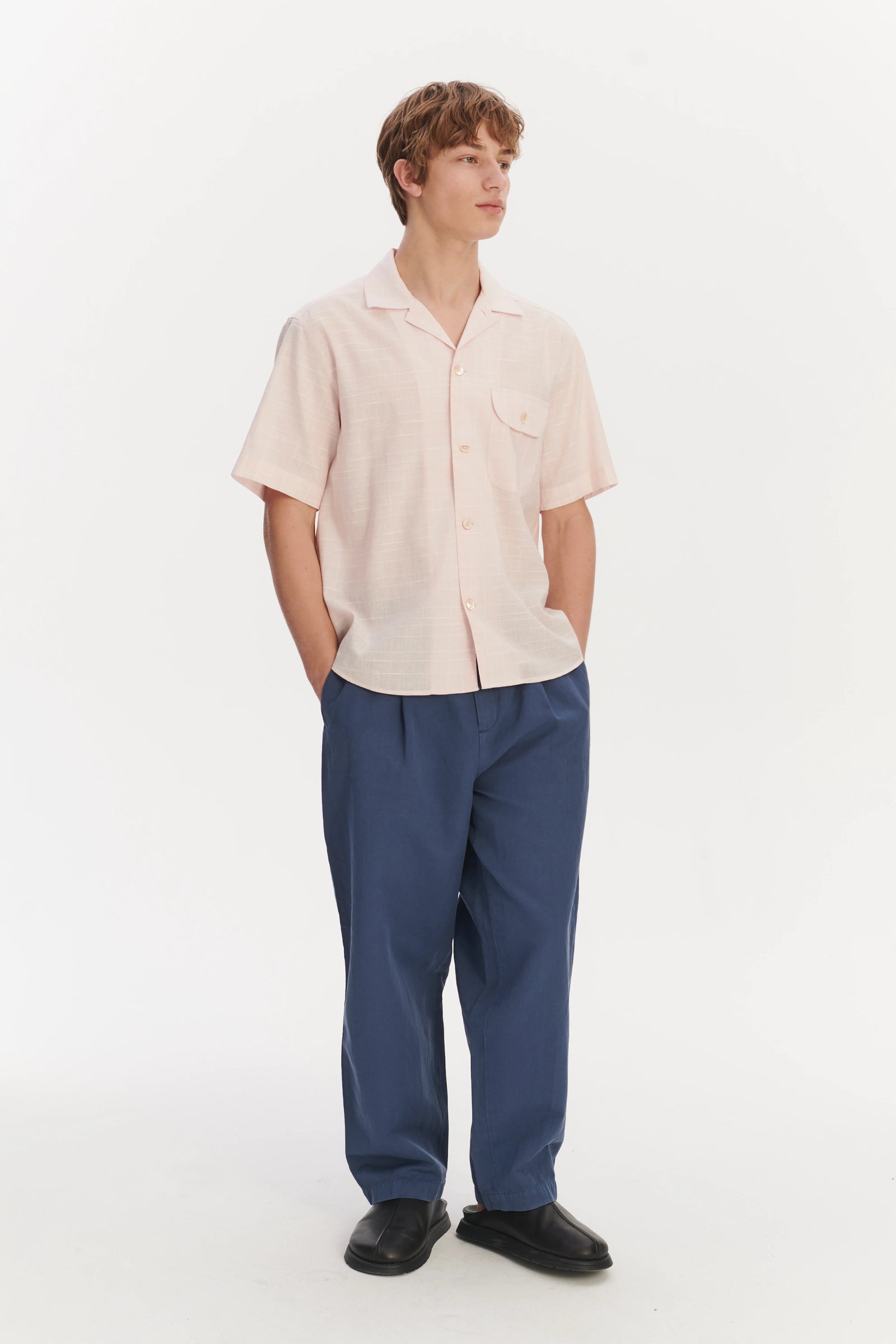 Short Sleeve Camp Collar Shirt in a Subtle Pink and White Check Portuguese Cotton and Linen