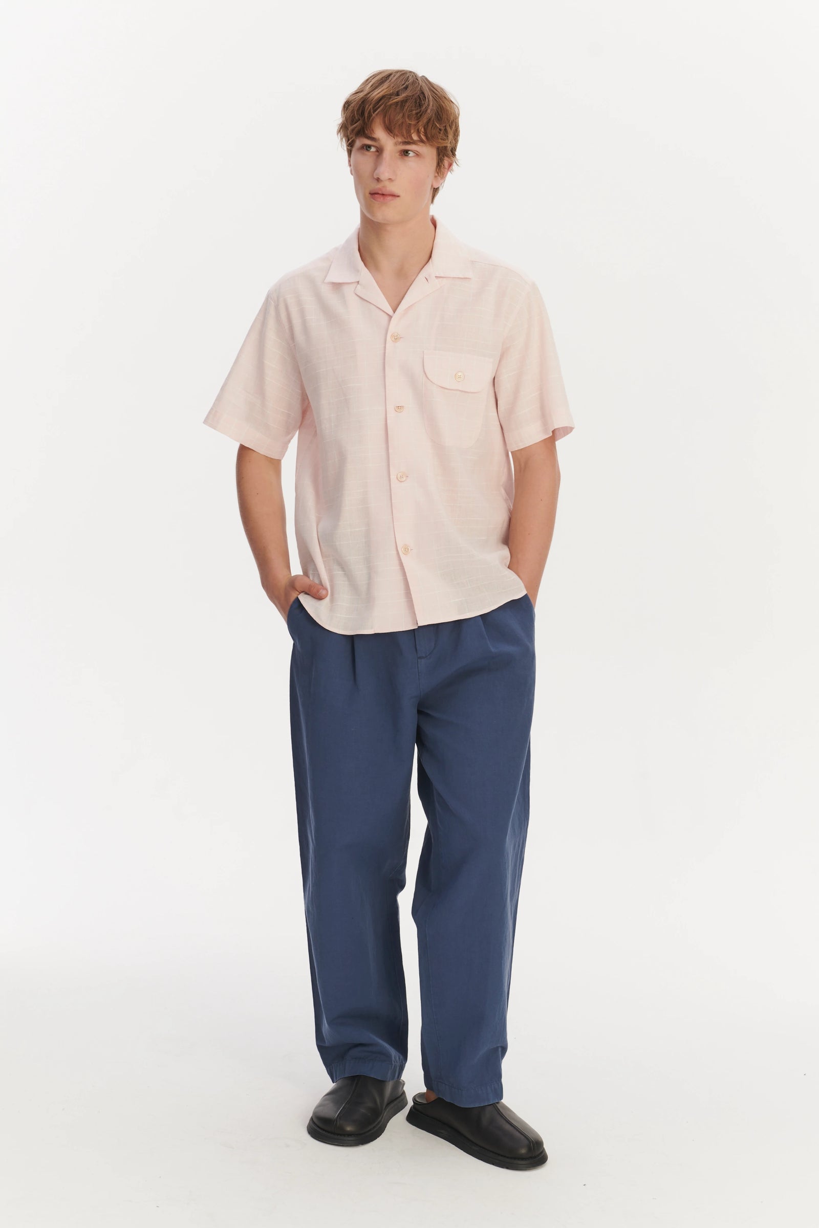 Short Sleeve Camp Collar Shirt in a Subtle Pink and White Check Portuguese Cotton and Linen