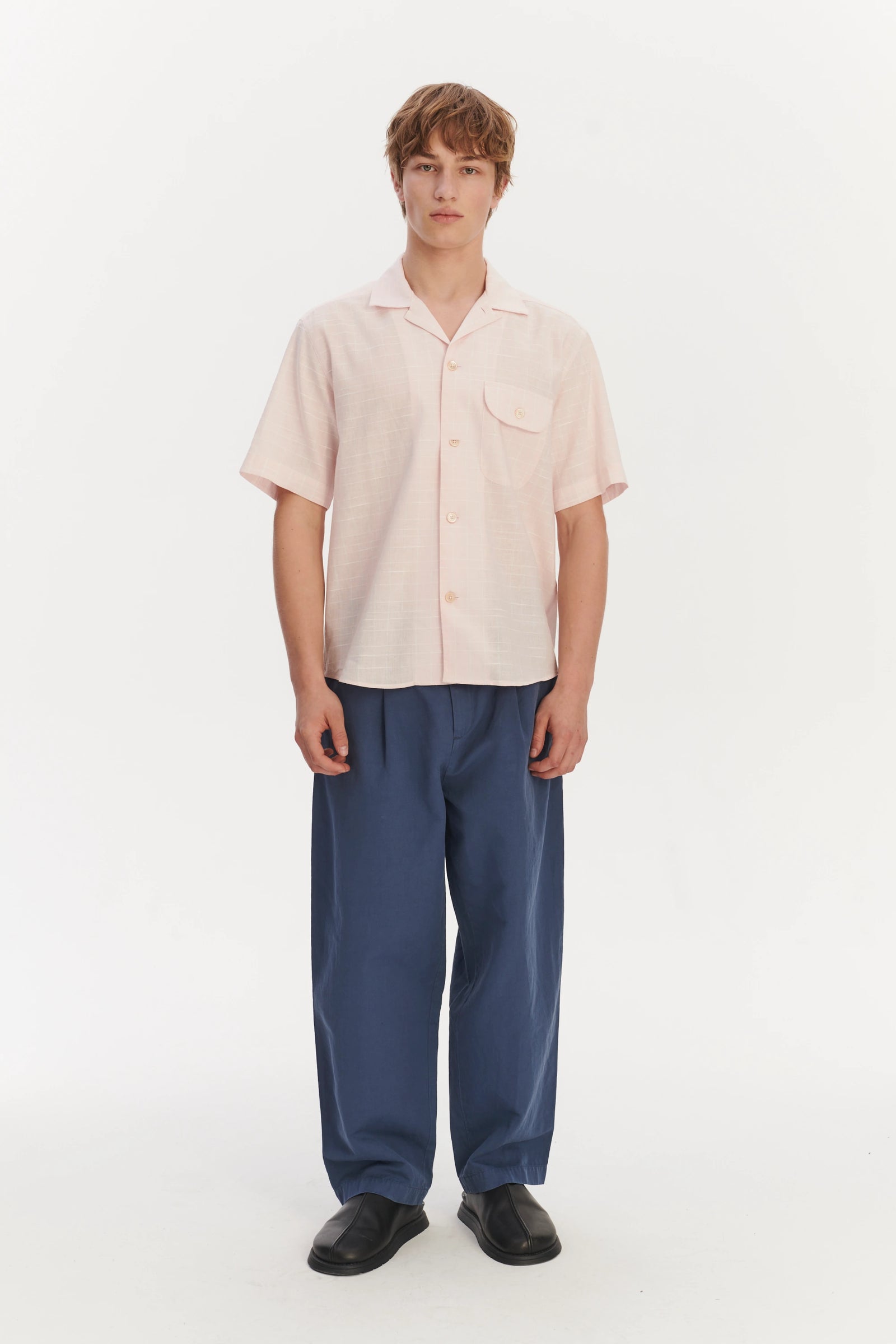Short Sleeve Camp Collar Shirt in a Subtle Pink and White Check Portuguese Cotton and Linen