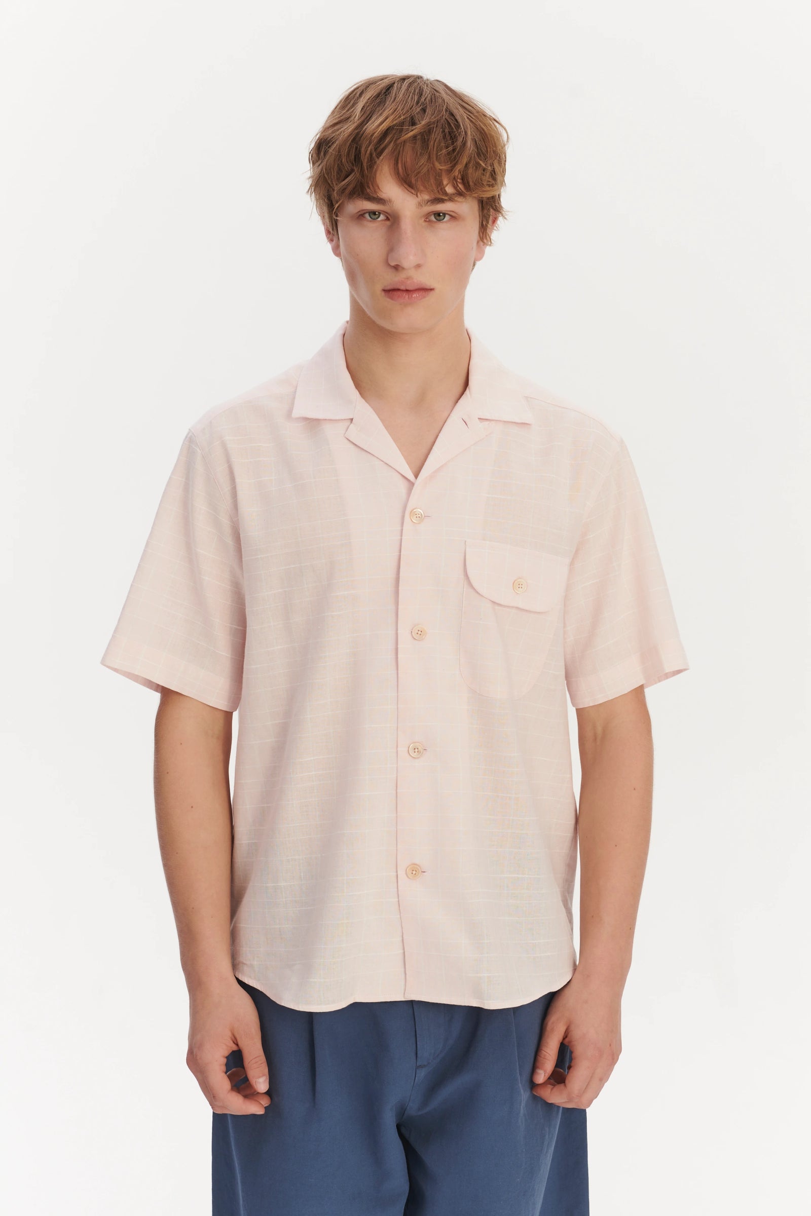 Short Sleeve Camp Collar Shirt in a Subtle Pink and White Check Portuguese Cotton and Linen