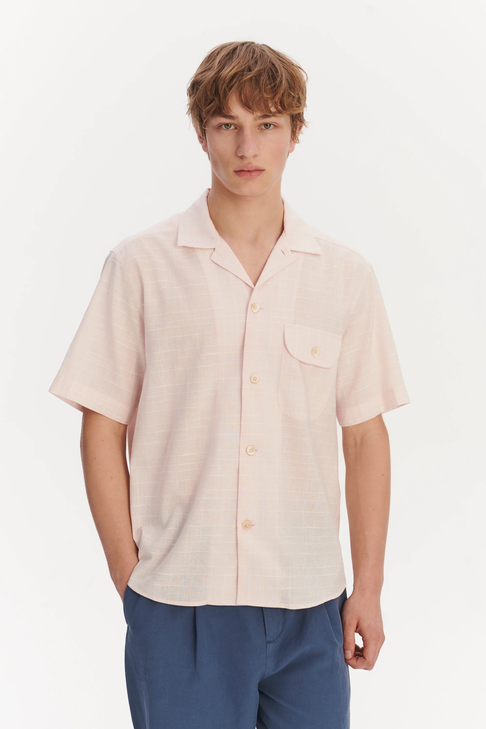 Short Sleeve Camp Collar Shirt in a Subtle Pink and White Check Portuguese Cotton and Linen