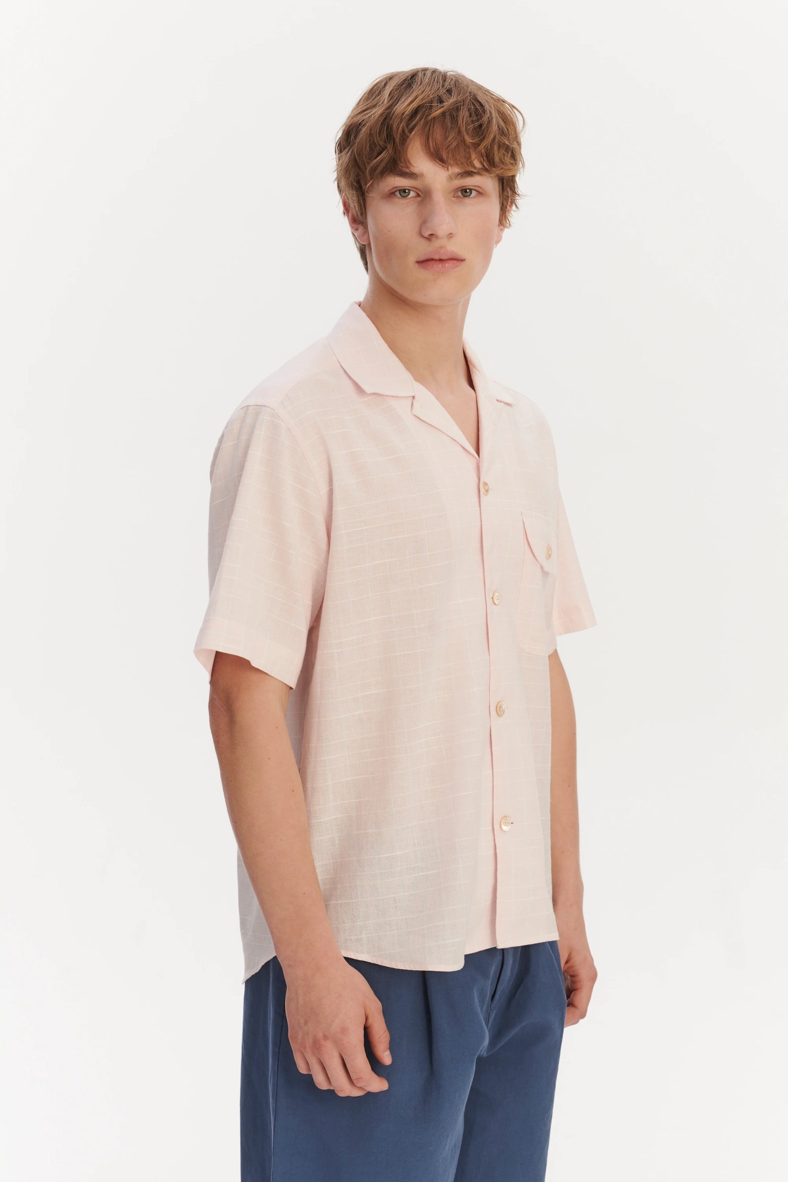 Short Sleeve Camp Collar Shirt in a Subtle Pink and White Check Portuguese Cotton and Linen