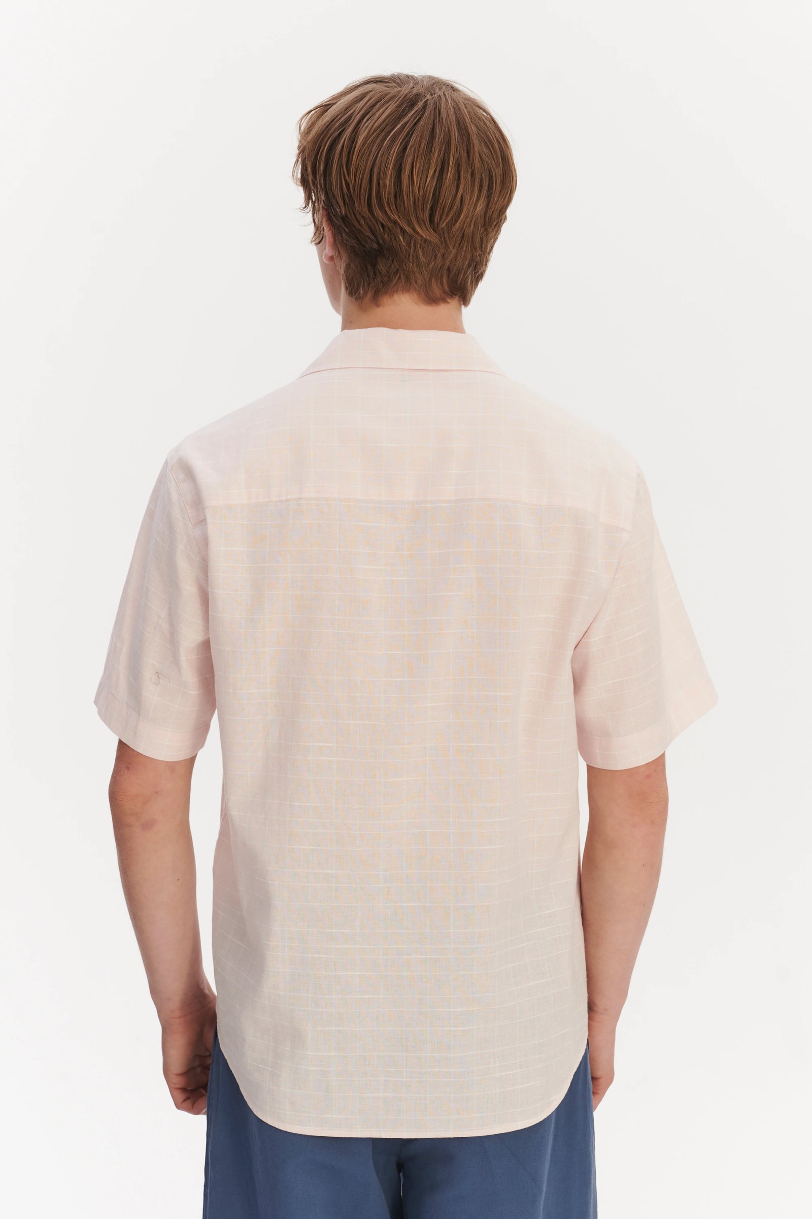 Short Sleeve Camp Collar Shirt in a Subtle Pink and White Check Portuguese Cotton and Linen