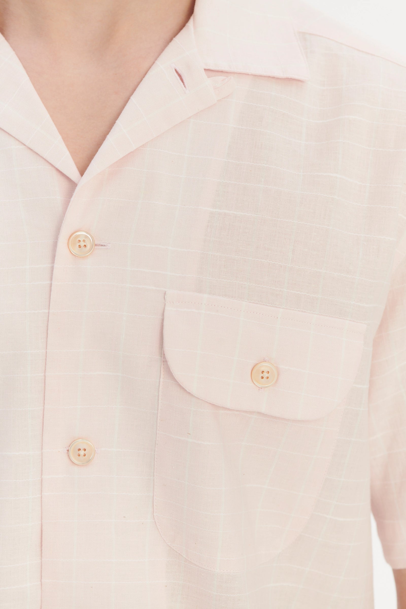 Short Sleeve Camp Collar Shirt in a Subtle Pink and White Check Portuguese Cotton and Linen