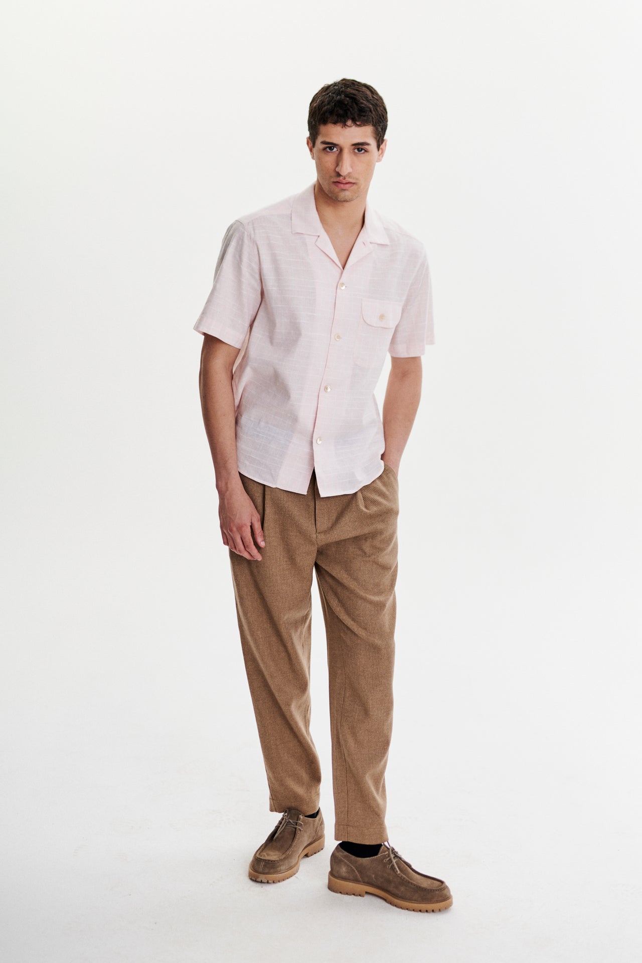 Short Sleeve Camp Collar Shirt in a Subtle Pink Mix of Portuguese Cotton, Linen and Pineapple