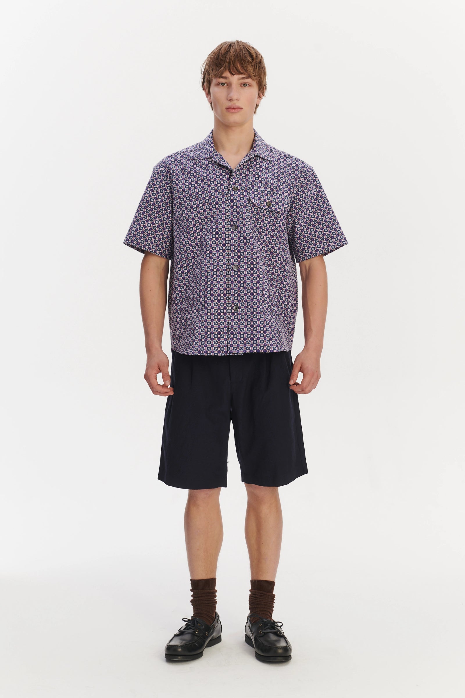 Short Sleeve Camp Collar Shirt in a Blue, Purple and White Portuguese Cotton