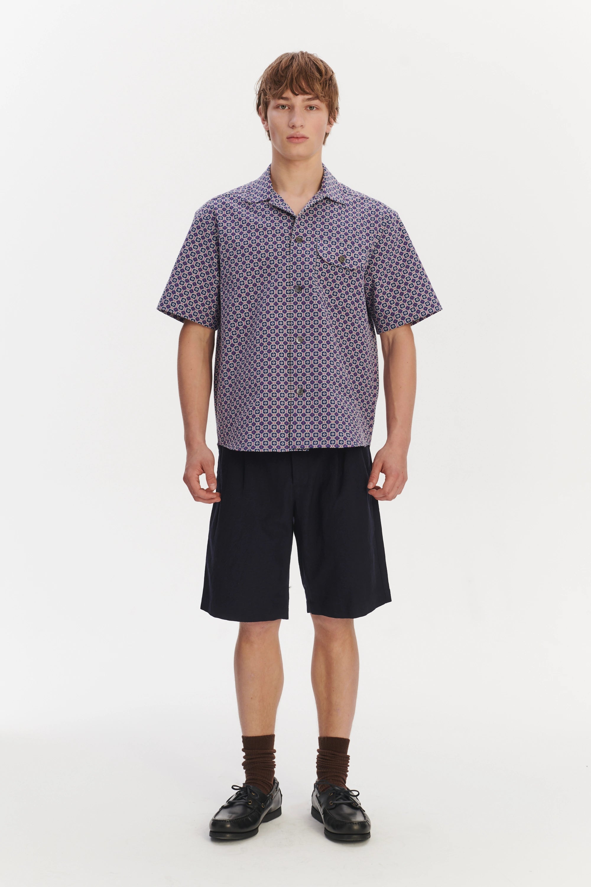 Short Sleeve Camp Collar Shirt in a Berlin Blue, Purple and White Portuguese Jacquard Cotton