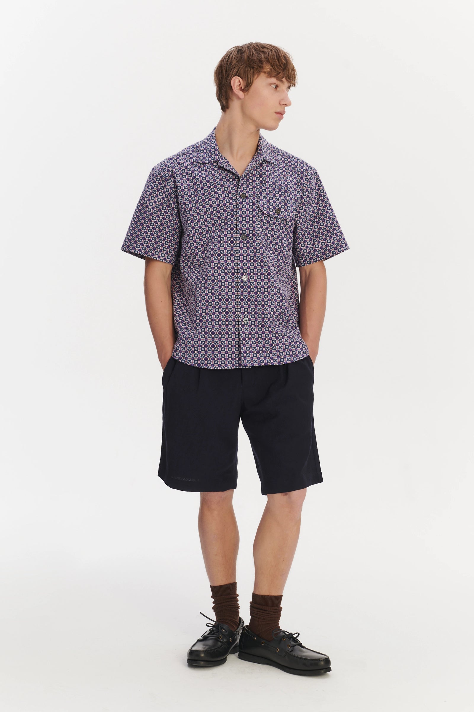 Short Sleeve Camp Collar Shirt in a Blue, Purple and White Portuguese Cotton