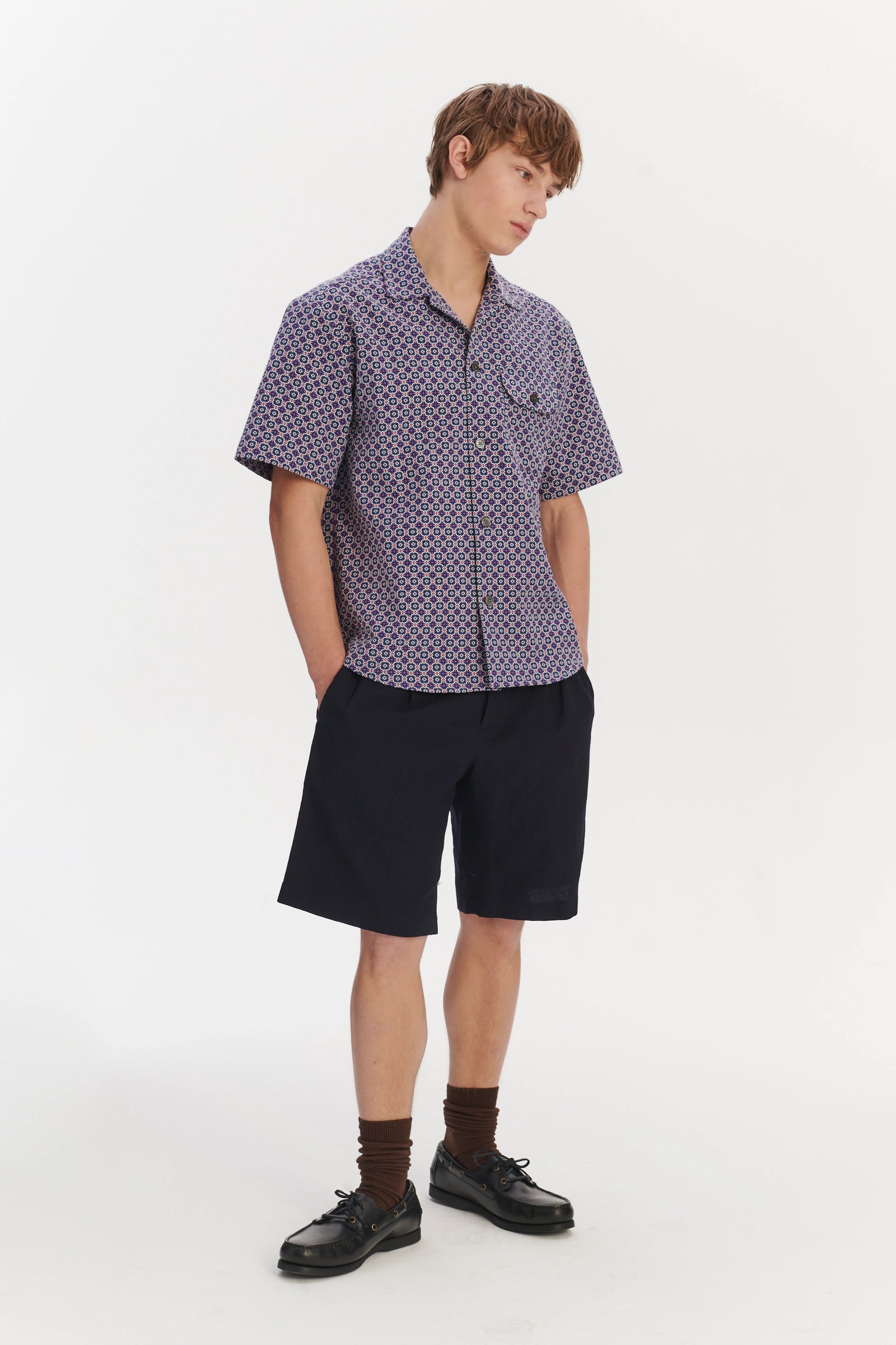 Short Sleeve Camp Collar Shirt in a Blue, Purple and White Portuguese Cotton