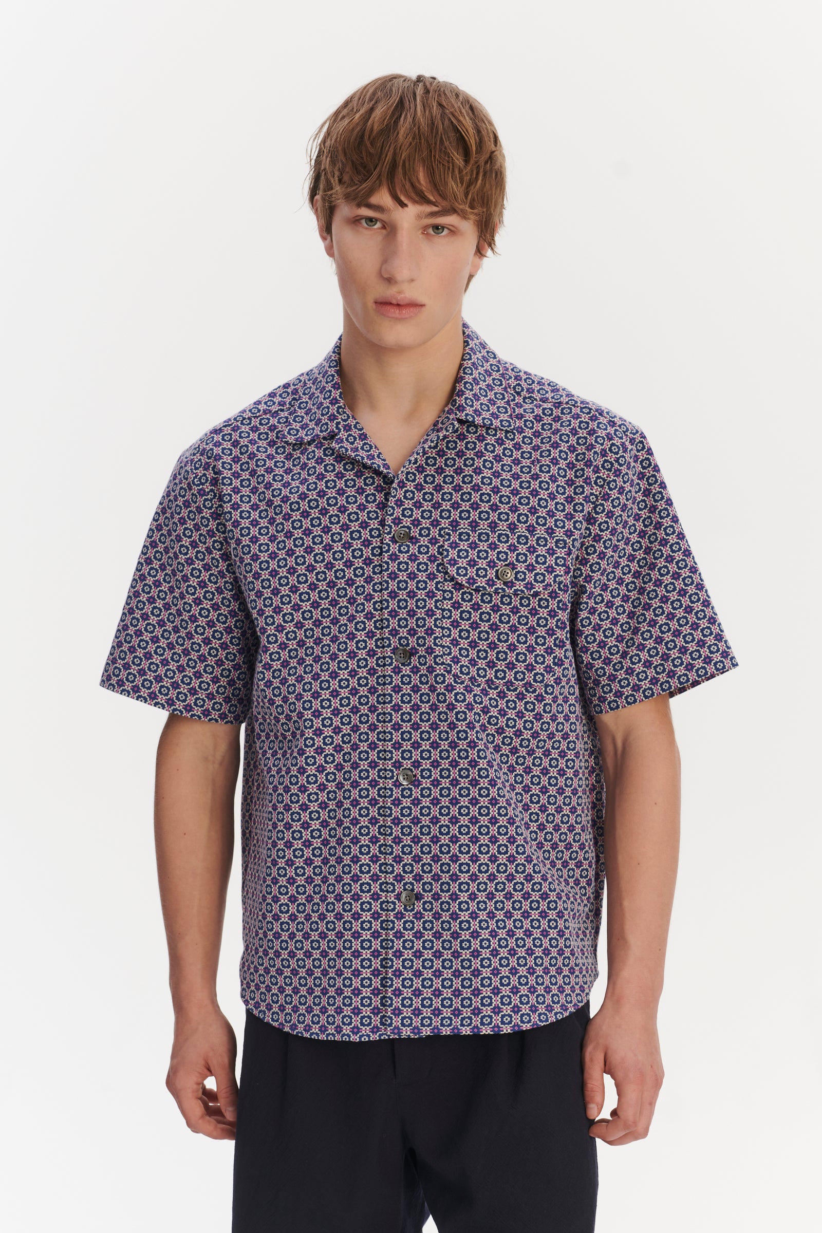 Short Sleeve Camp Collar Shirt in a Blue, Purple and White Portuguese Cotton