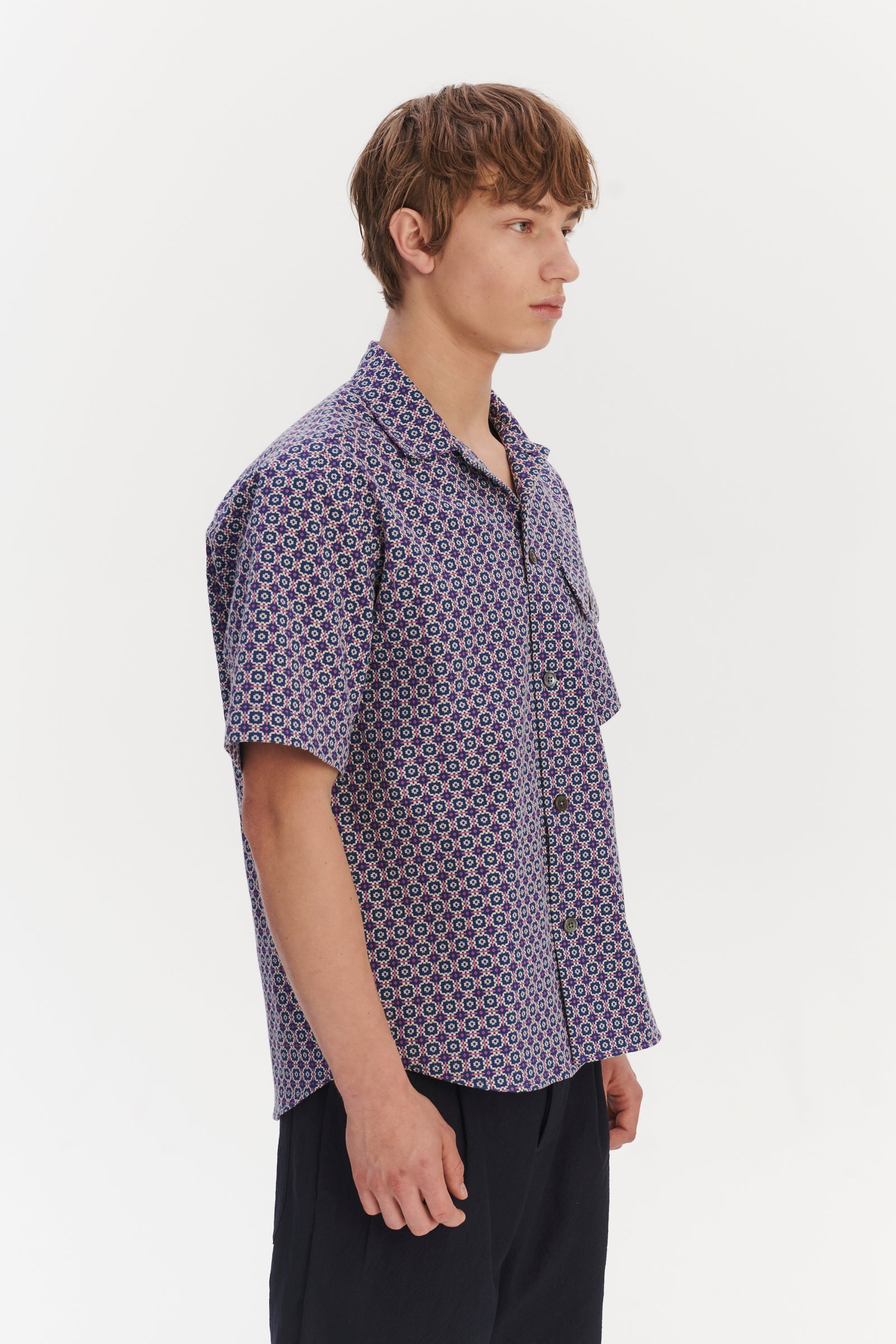 Short Sleeve Camp Collar Shirt in a Blue, Purple and White Portuguese Cotton
