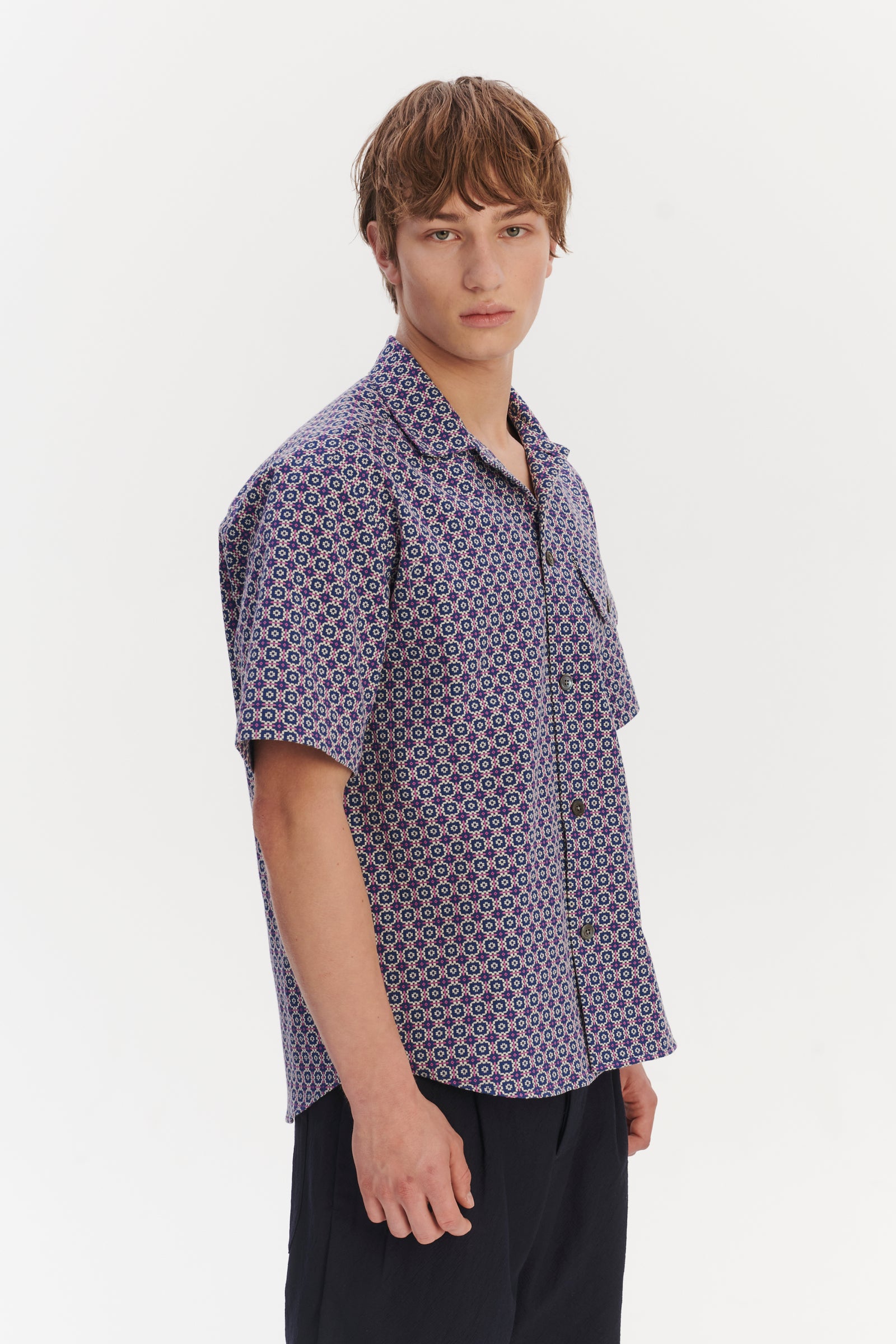 Short Sleeve Camp Collar Shirt in a Blue, Purple and White Portuguese Cotton