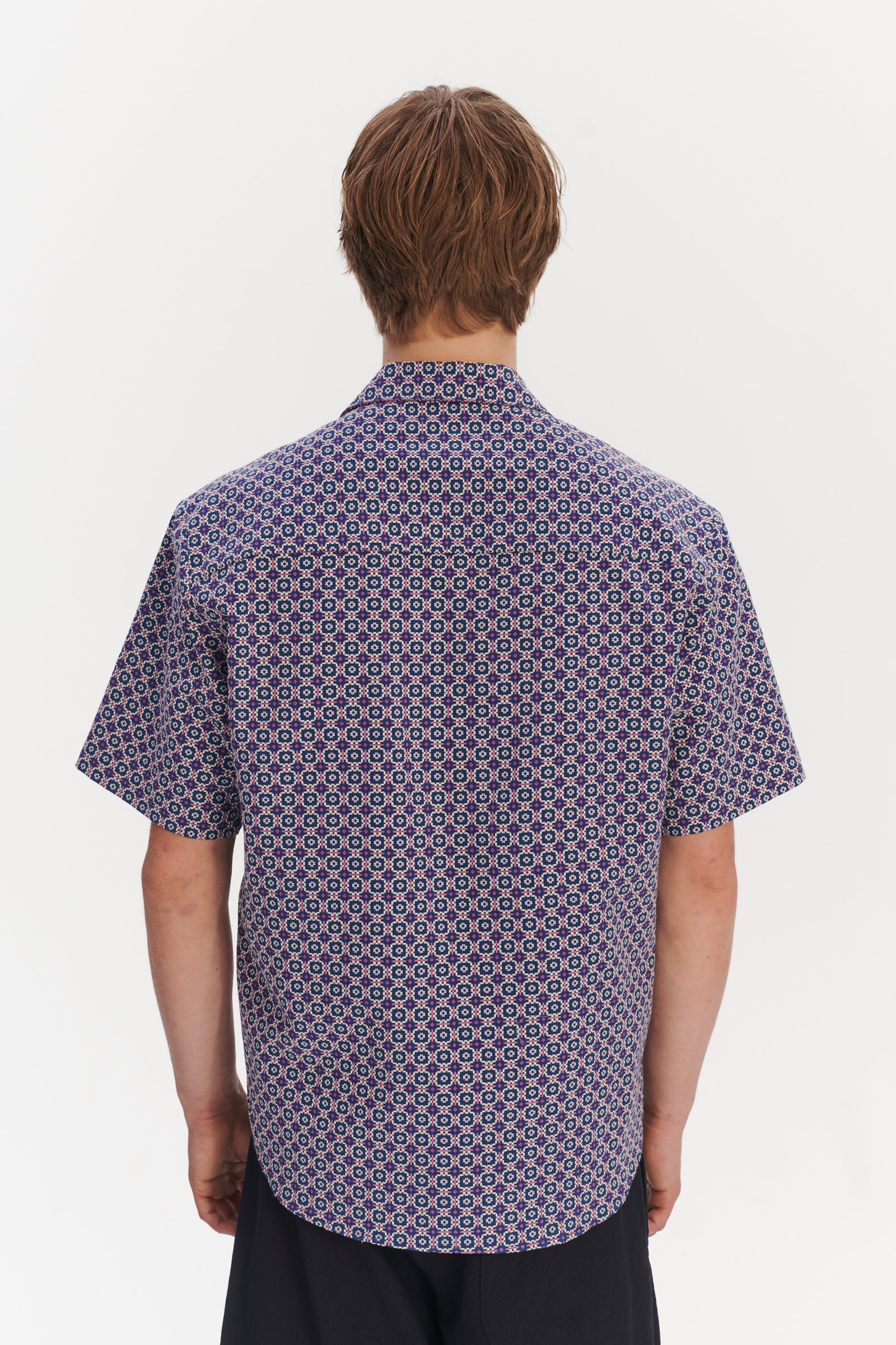 Short Sleeve Camp Collar Shirt in a Blue, Purple and White Portuguese Cotton
