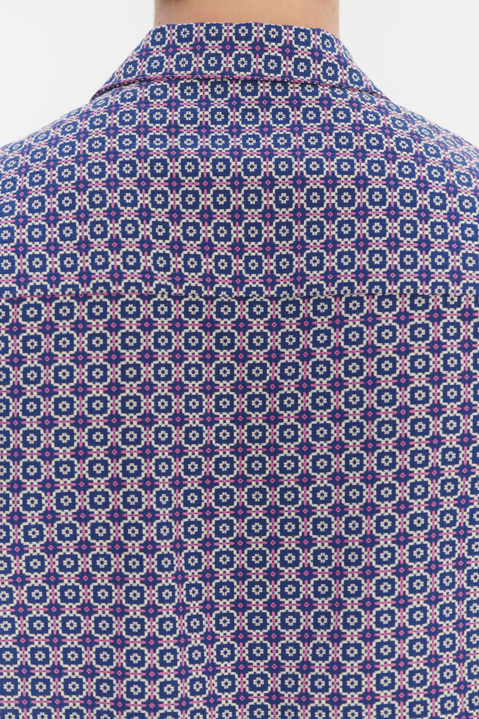 Short Sleeve Camp Collar Shirt in a Blue, Purple and White Portuguese Cotton