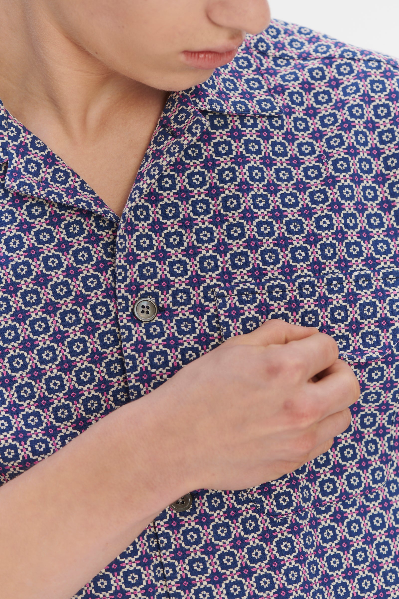 Short Sleeve Camp Collar Shirt in a Blue, Purple and White Portuguese Cotton