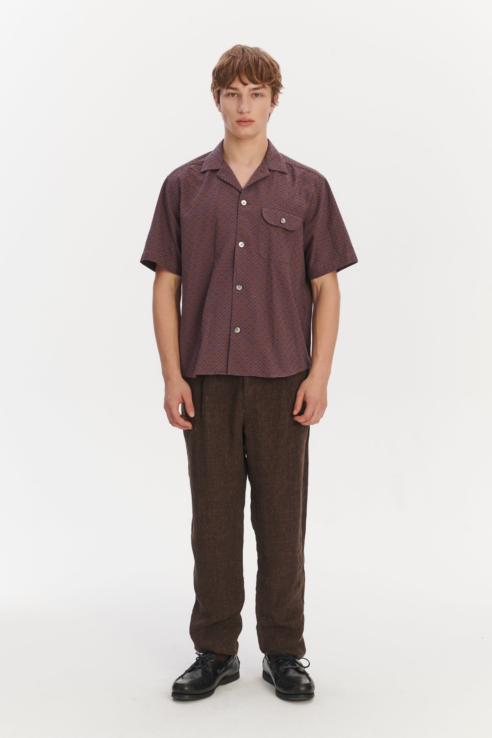 Camp Collar Shirt in a Brown and Evening Sky Blue Portuguese Jacquard Cotton