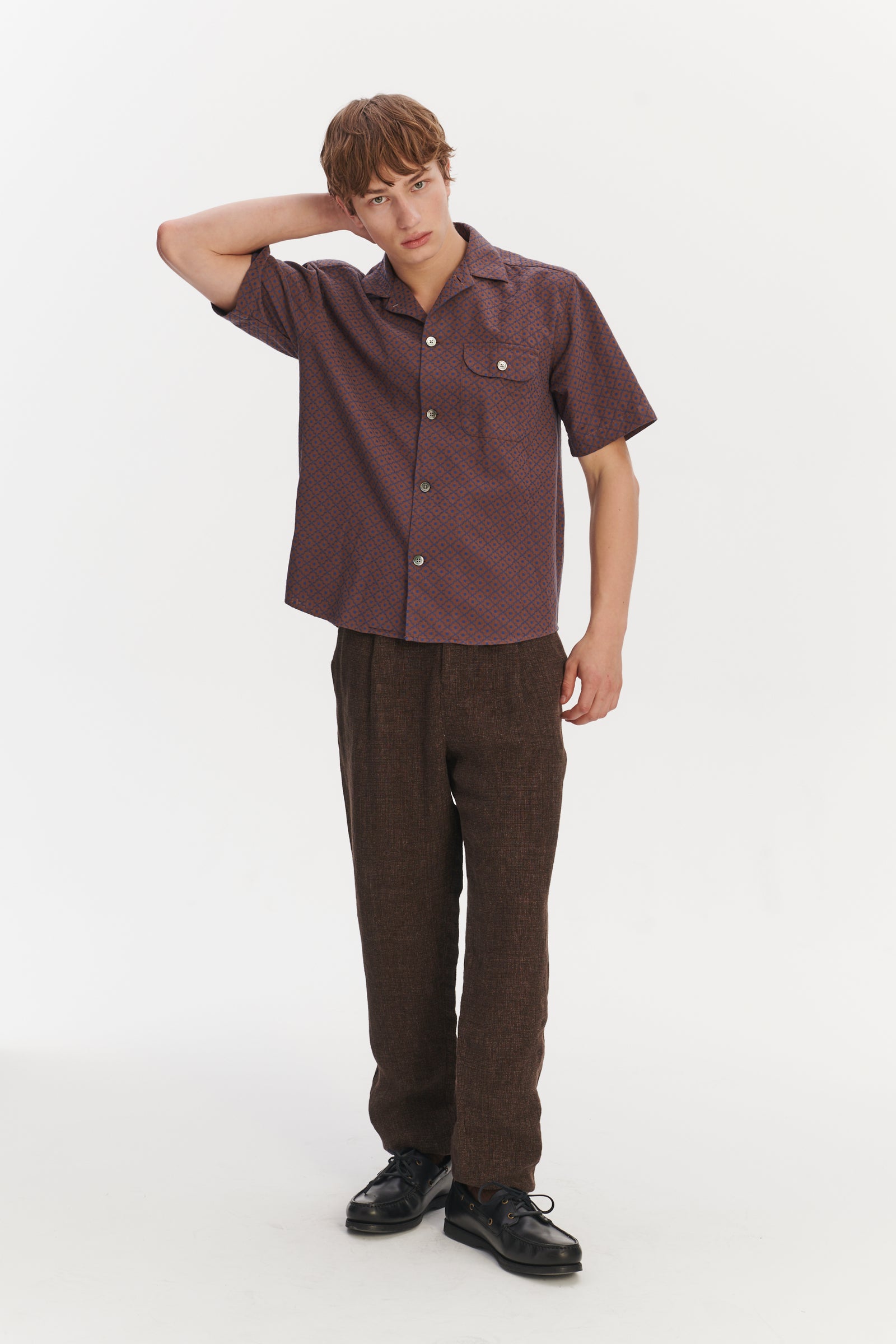 Camp Collar Shirt in a Brown and Evening Sky Blue Portuguese Jacquard Cotton