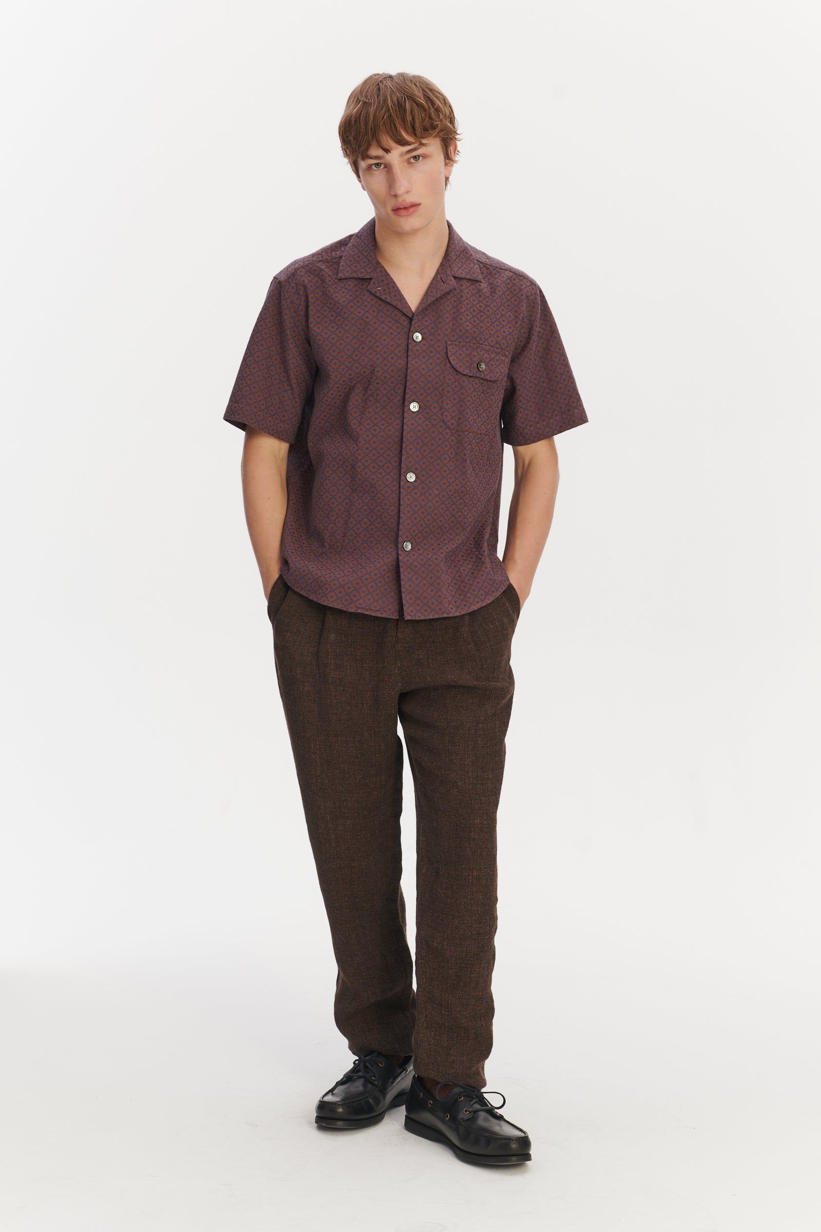 Camp Collar Shirt in a Brown and Evening Sky Blue Portuguese Jacquard Cotton