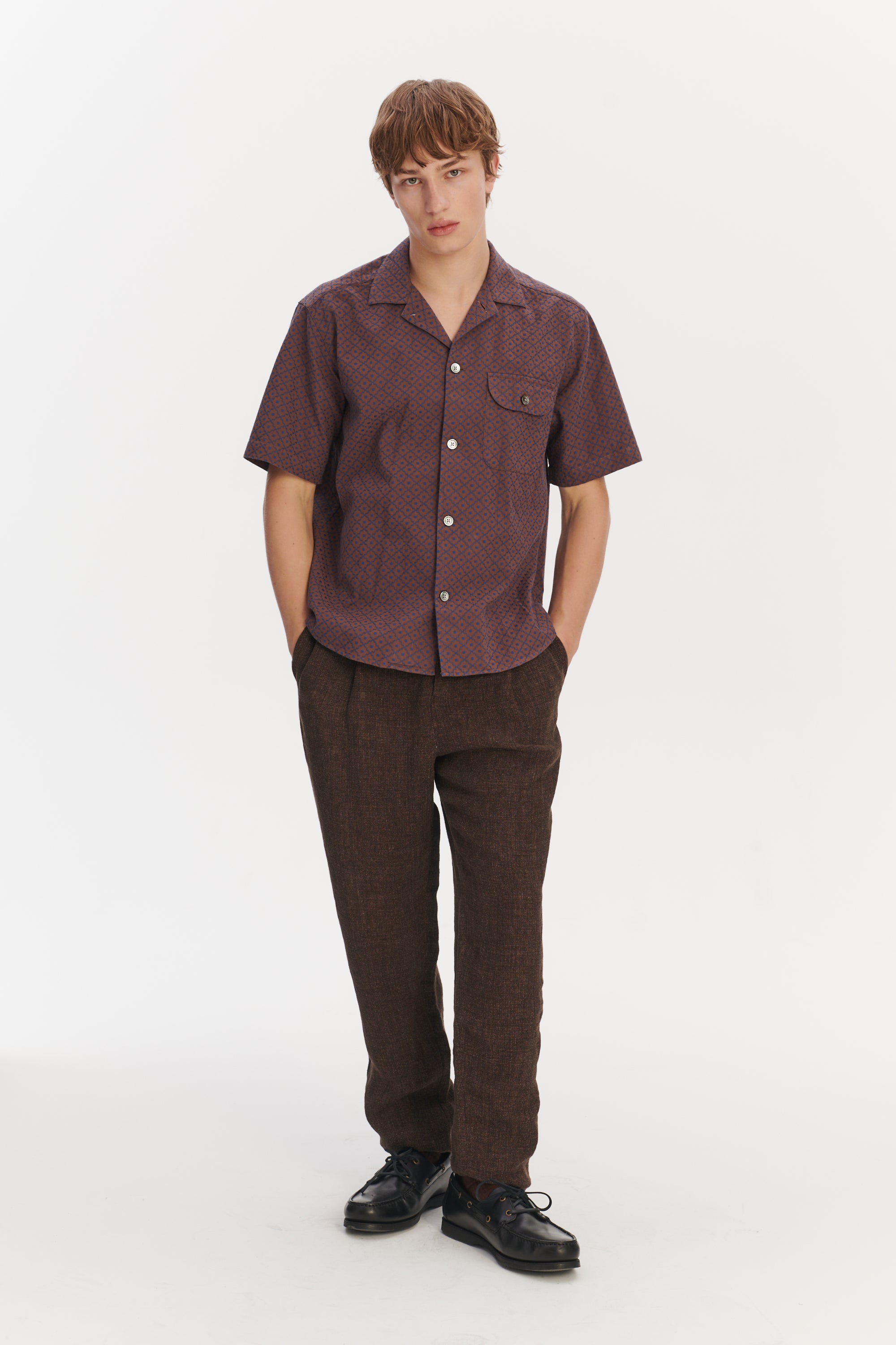 Camp Collar Shirt in a Brown and Evening Sky Blue Portuguese Jacquard Cotton