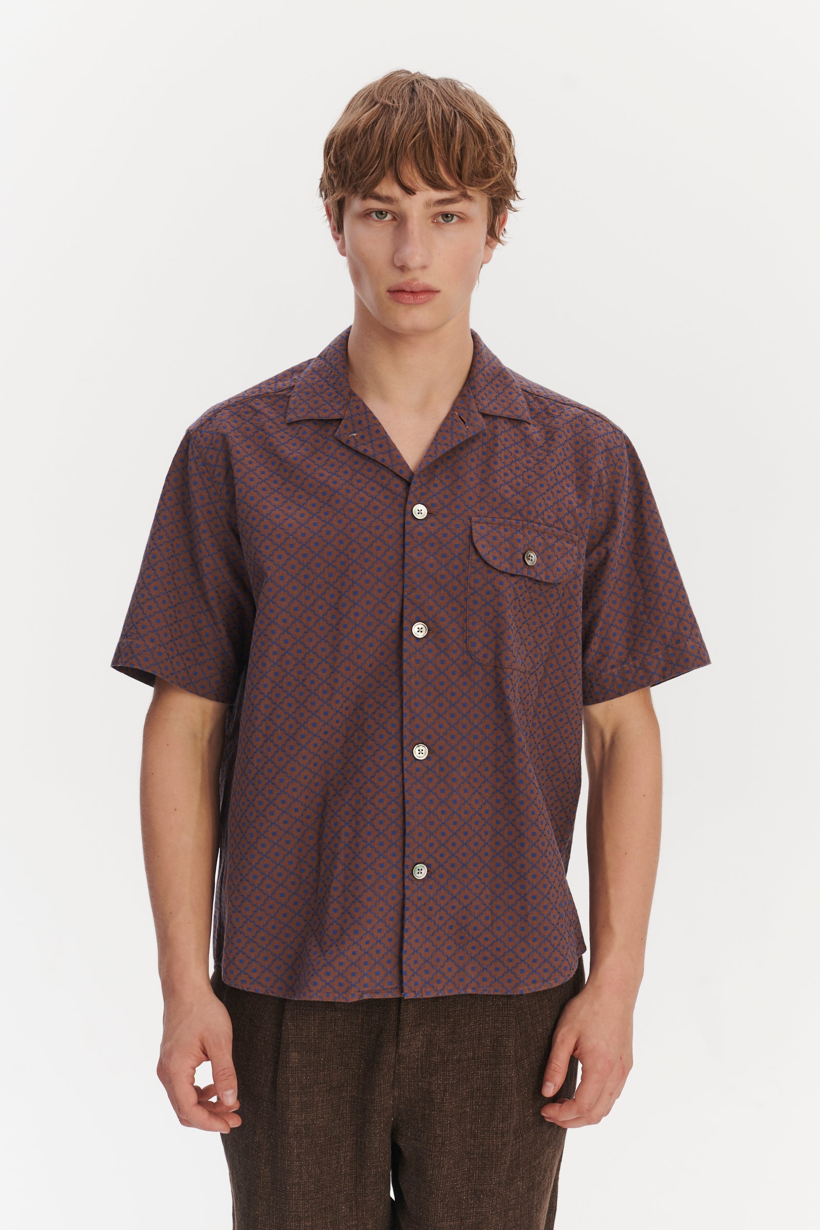 Camp Collar Shirt in a Brown and Evening Sky Blue Portuguese Jacquard Cotton