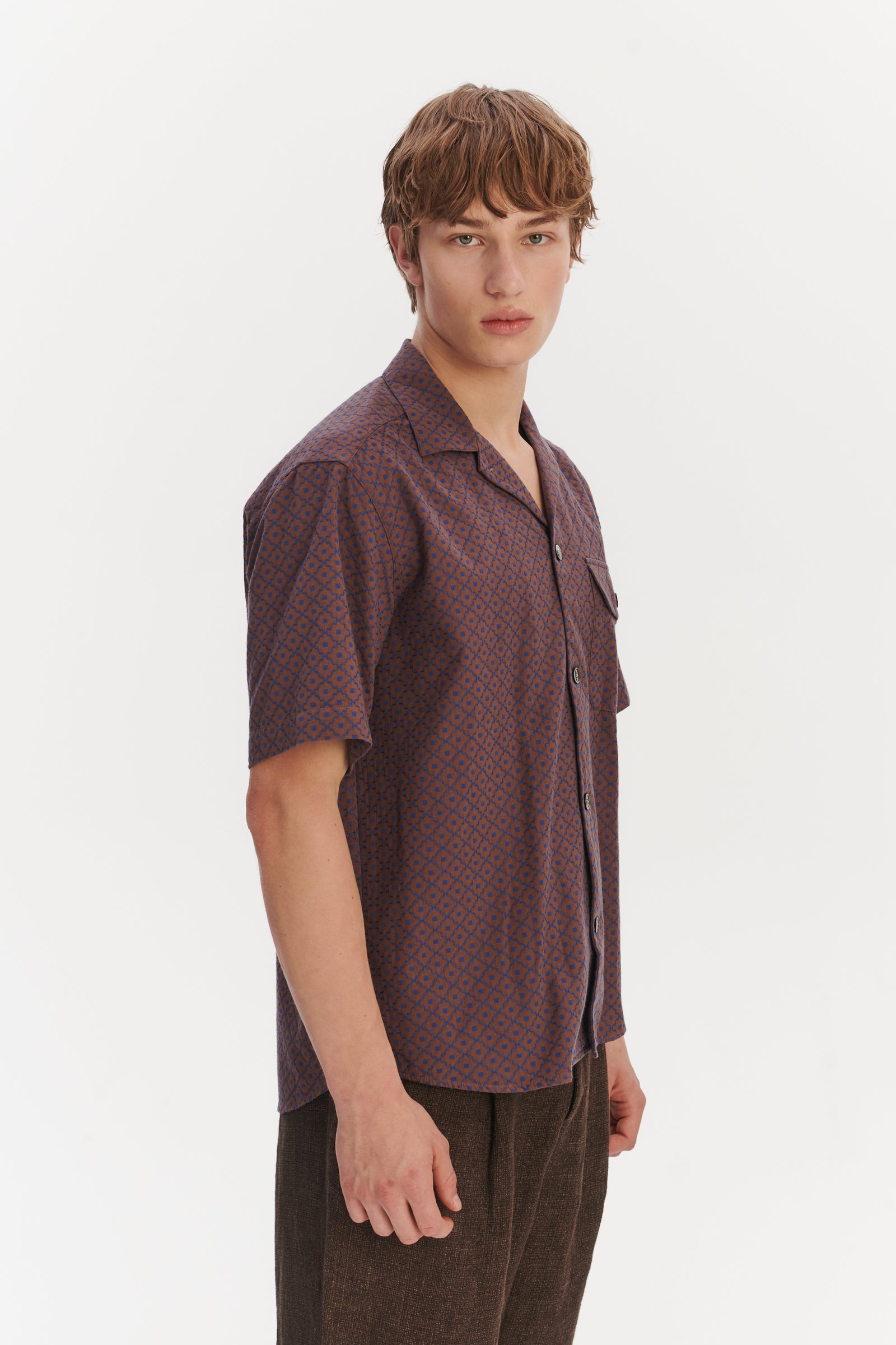 Camp Collar Shirt in a Brown and Evening Sky Blue Portuguese Jacquard Cotton