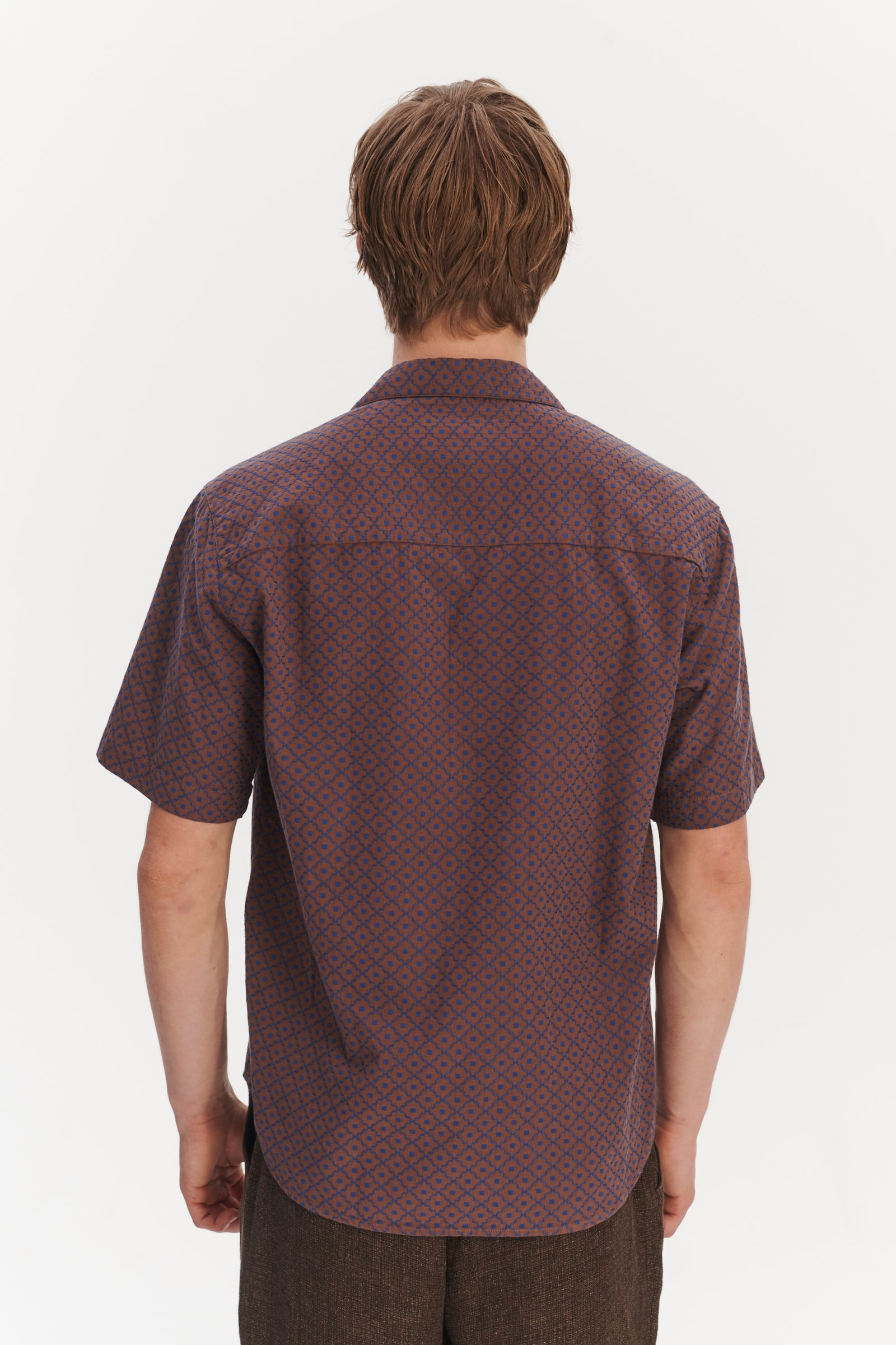 Camp Collar Shirt in a Brown and Evening Sky Blue Portuguese Jacquard Cotton