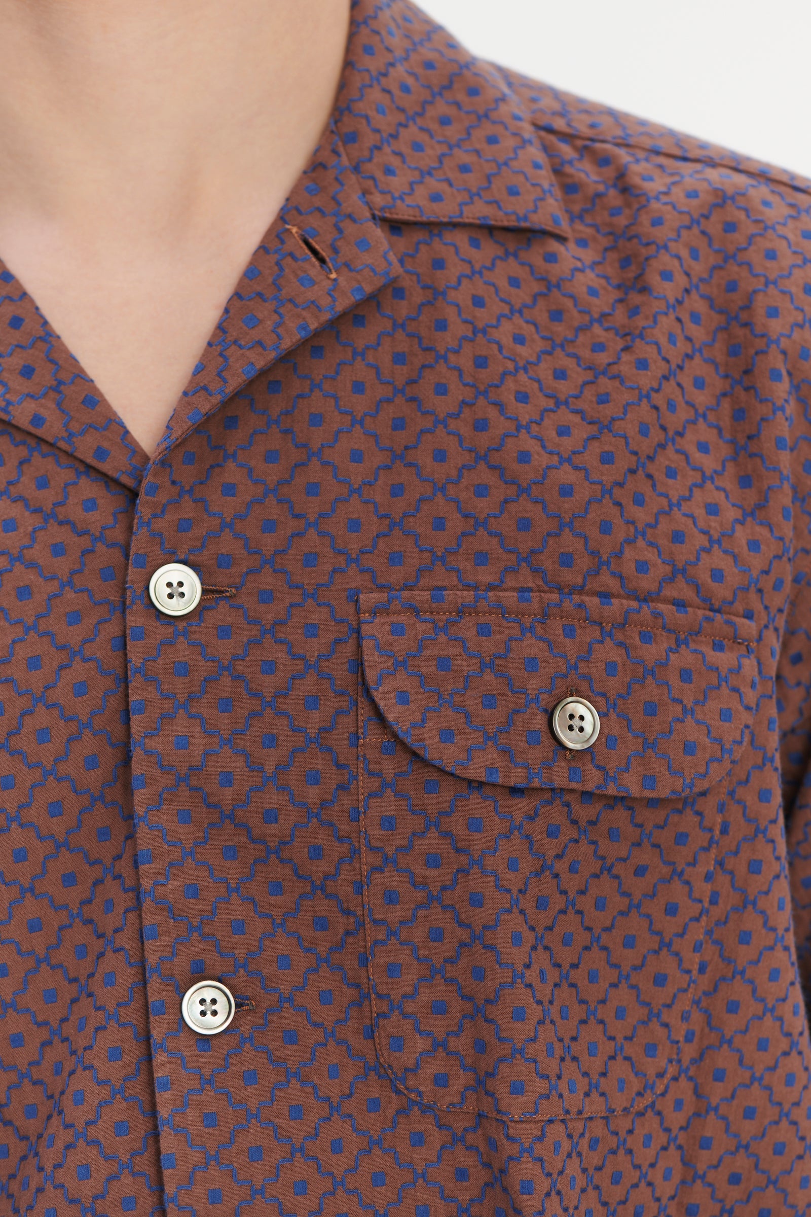 Camp Collar Shirt in a Brown and Evening Sky Blue Portuguese Jacquard Cotton