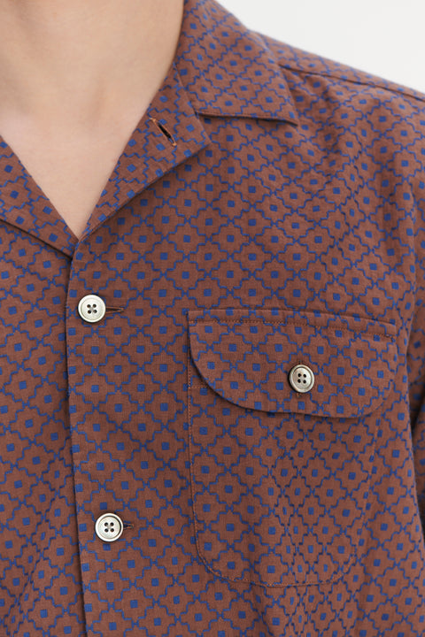 Camp Collar Shirt in a Brown and Evening Sky Blue Portuguese Jacquard Cotton