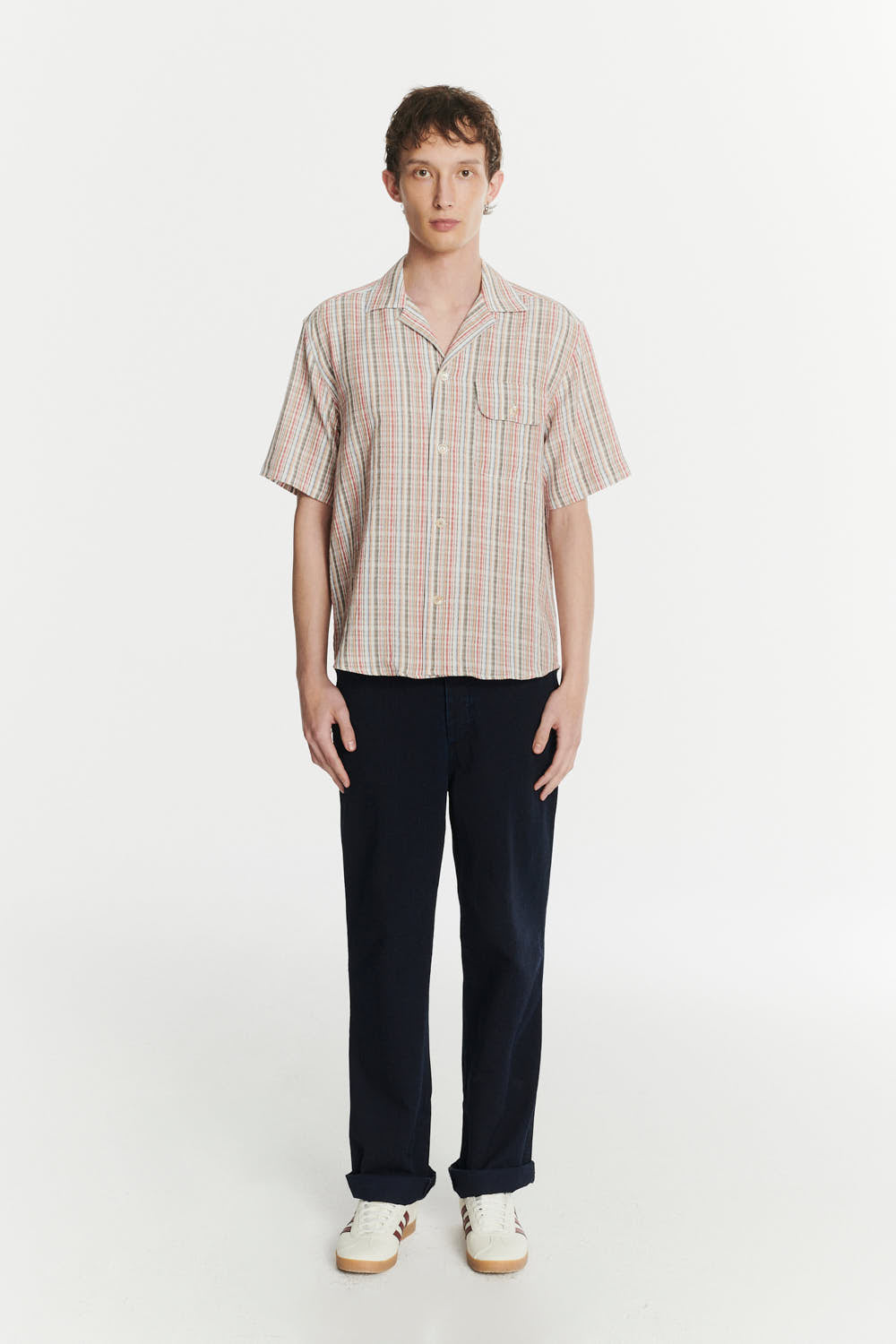 Short Sleeve Camp Collar Shirt  in a Red, Blue, Grey and Beige Striped Airy Structural Portuguese Cotton